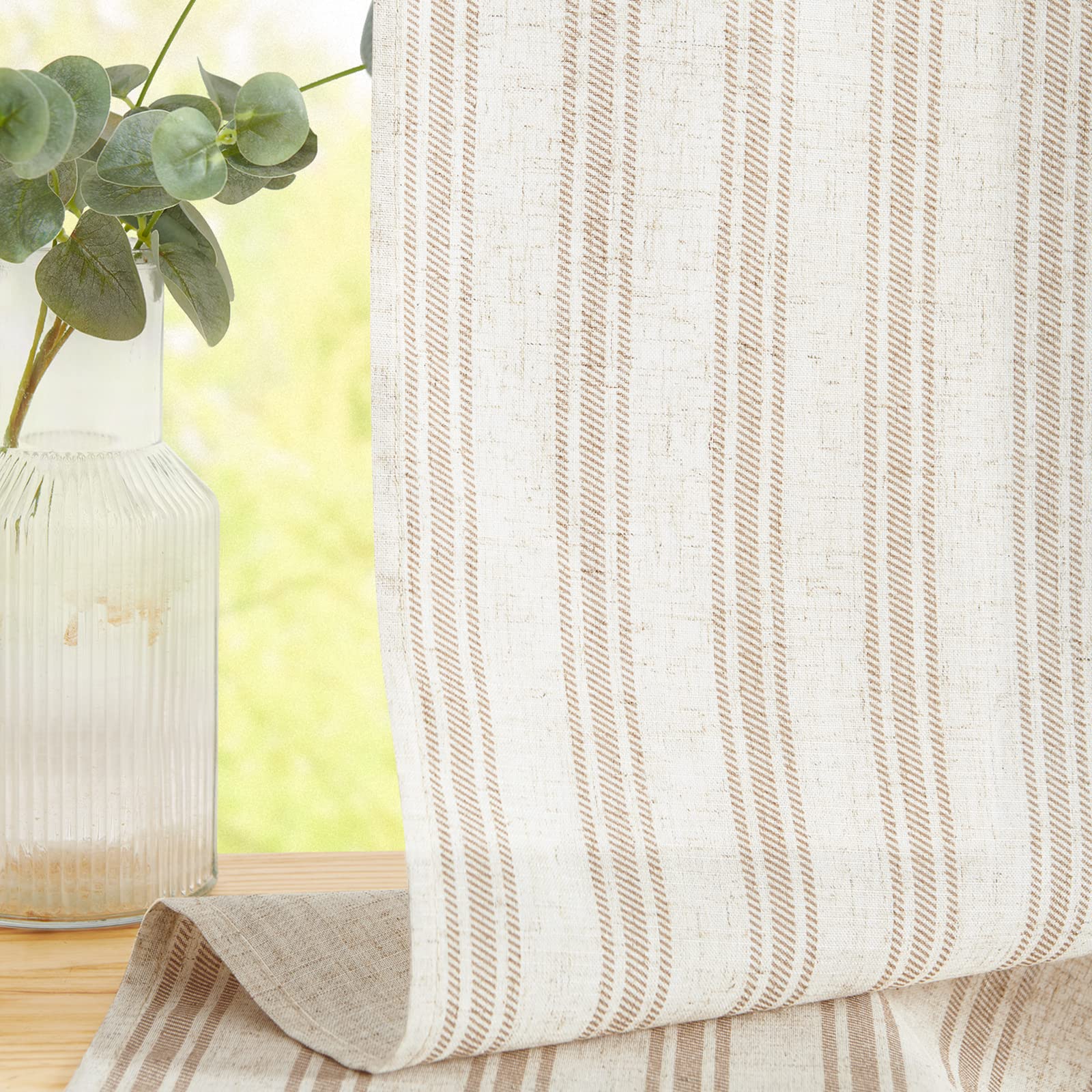 Jinchan Linen Kitchen Curtains Striped Tier Curtains 24 Inch Cafe Curtains Farmhouse Small Curtains Balanced Stripe Half Window Curtains Light Filtering For Bathroom Laundry 2 Panels Taupe On Beige