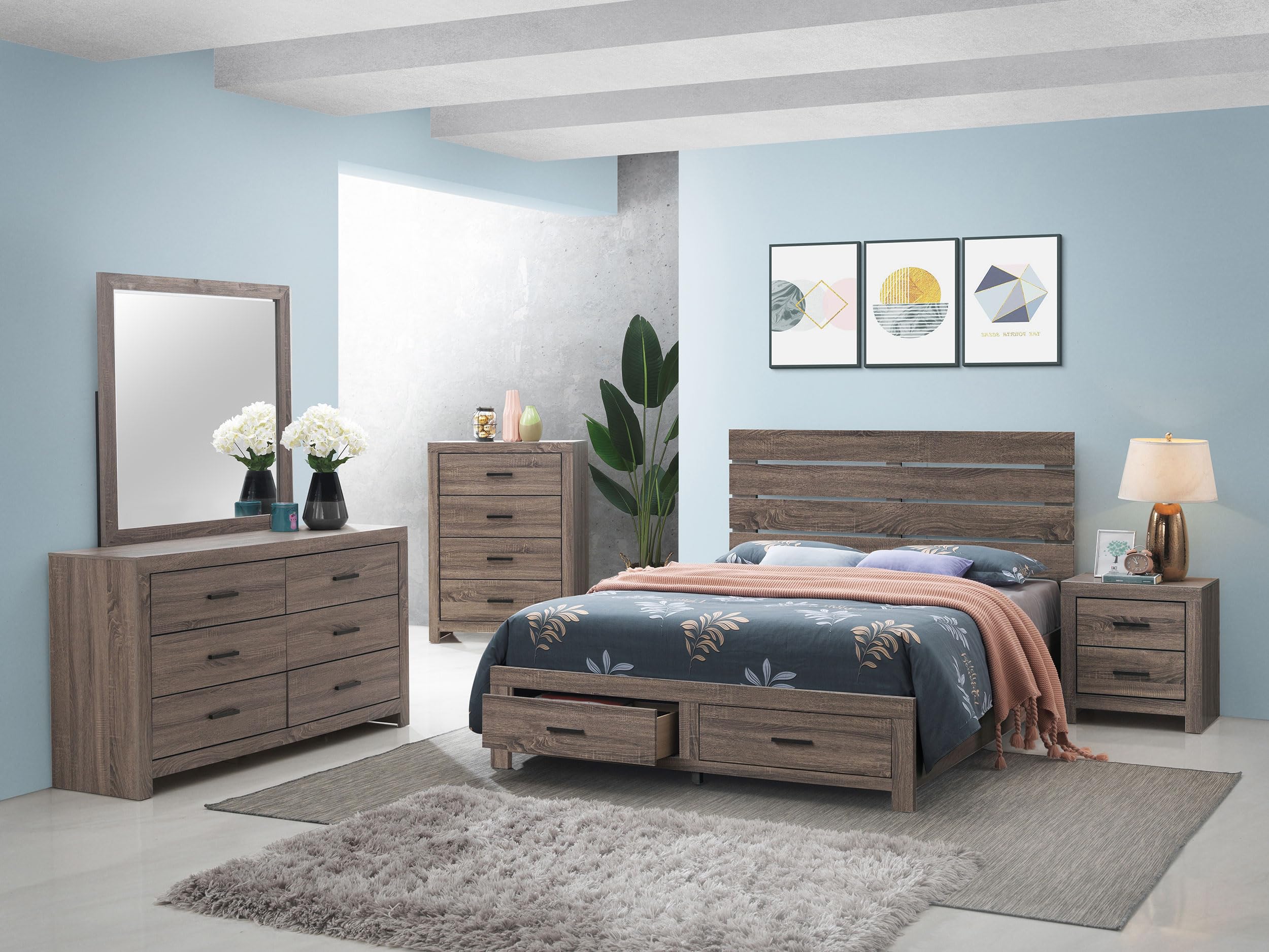 Coaster Home Furnishings Brantford Farmhouse 5-Piece Bedroom Set Eastern King Size Storage Panel Bed Frame 49-inch Headboard Barrel Oak 207040KE-S5