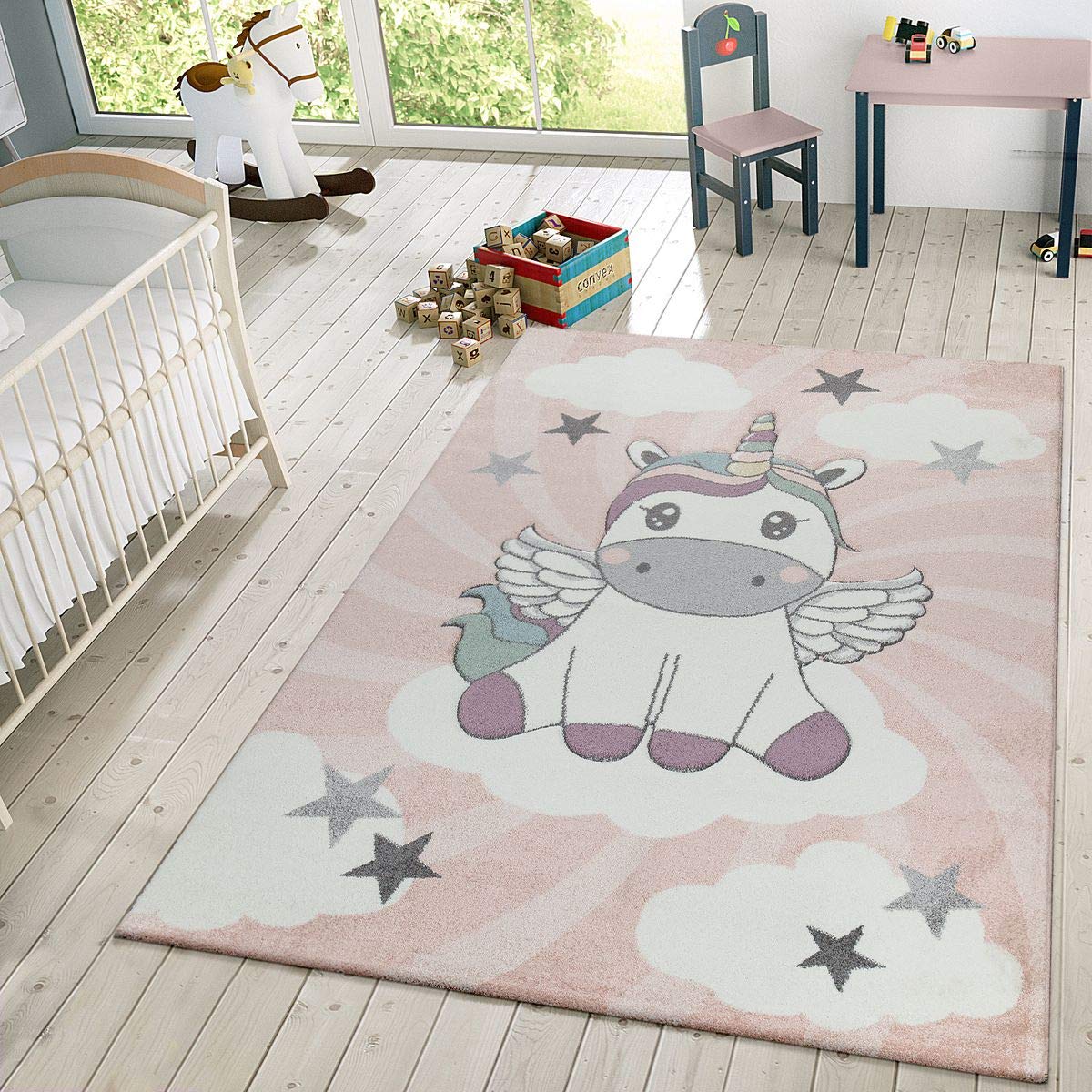Kids Rug For Girls Bedroom Unicorn Design Area Rug Pastel Colors In Modern Pink, Size:5'3' X 7'7'