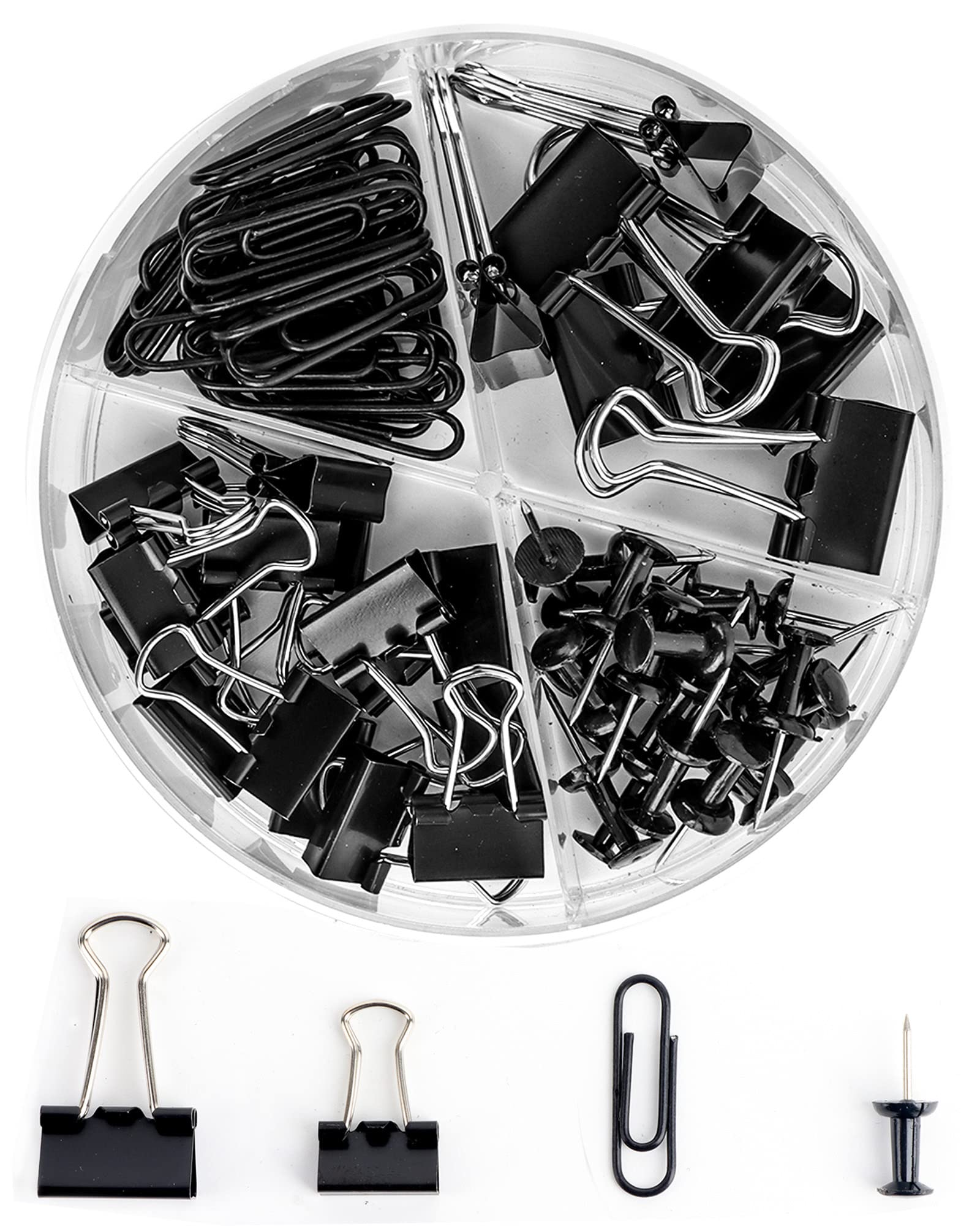 Creechwa Paper Clips And Binder Clips Set, Metal Assorted Sized Binders With Push Pins, Black Office Supplies For Desk, Durable