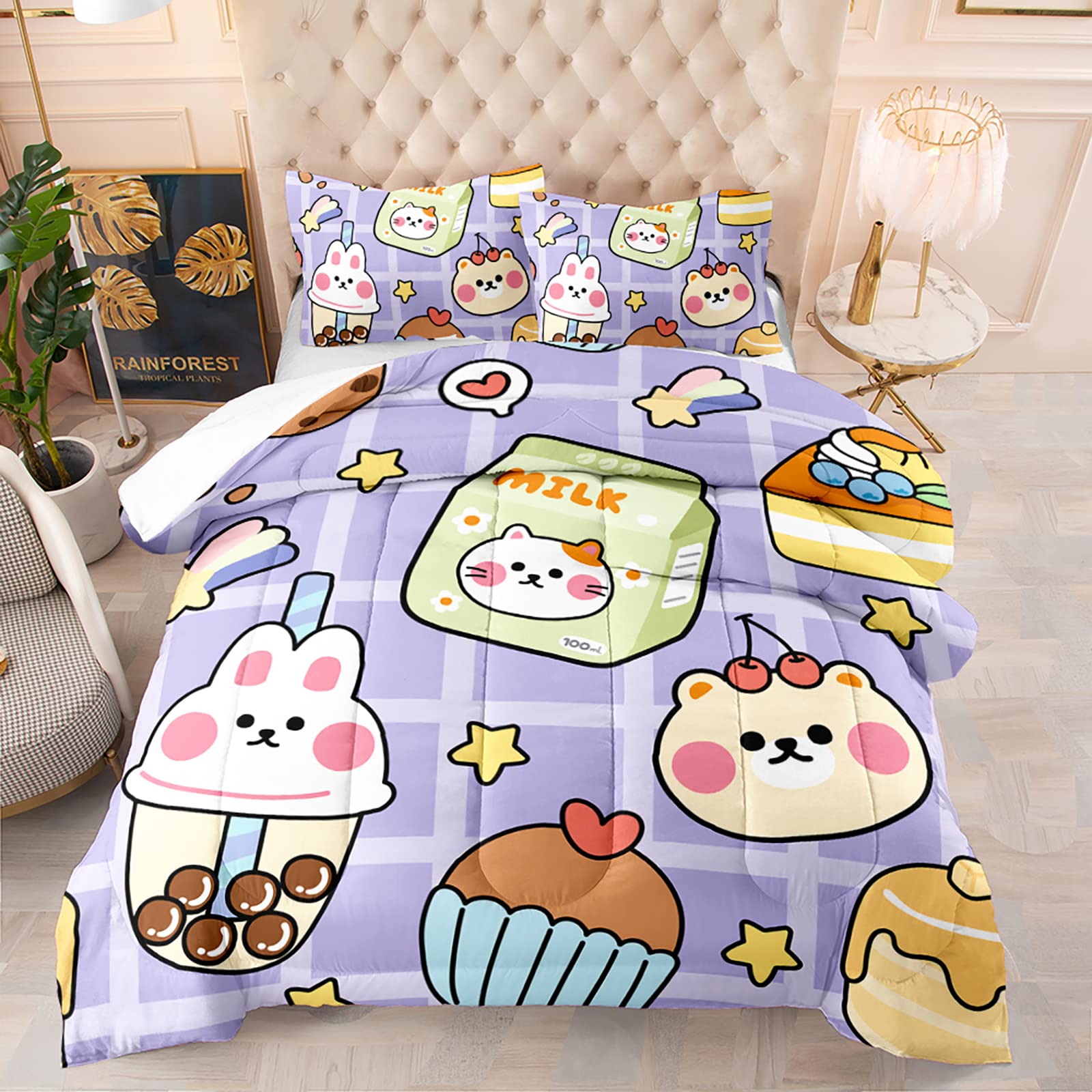 Qoomo Kawaii Bear Comforter Set For Kids Teens Girls Women,Purple Bear Kids Comforter,1 Comforter With 2 Pillowcase, Microfiber