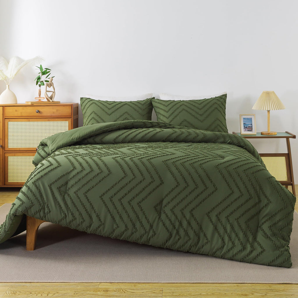 Andency Olive Green Comforter Set Full, Boho Soft Fluffy Warm Lightweight Bedding Comforter Sets For Full Bed, 3 Pieces Chevron Tufted Aesthetic Microfiber Lightweight Comforter Set