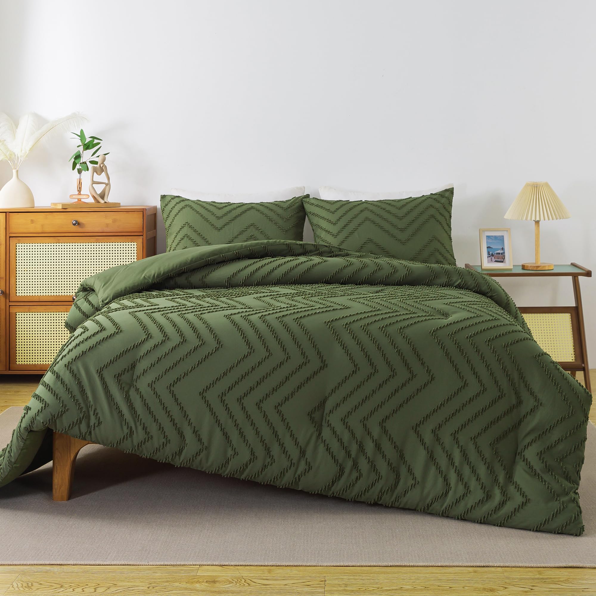 Andency Olive Green Comforter Set Full, Boho Soft Fluffy Warm Lightweight Bedding Comforter Sets For Full Bed, 3 Pieces Chevron Tufted Aesthetic Microfiber Lightweight Comforter Set
