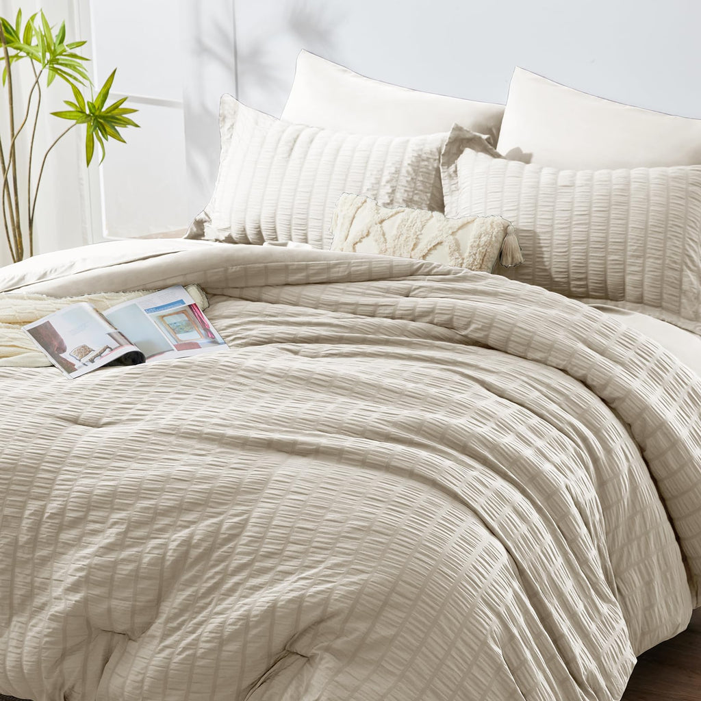 Cozylux King Seersucker Comforter Set With Sheets Oatmeal Bed In A Bag 7-Pieces All Season Bedding Sets With Comforter, Pillow Sham, Flat Sheet, Fitted Sheet, Pillowcase