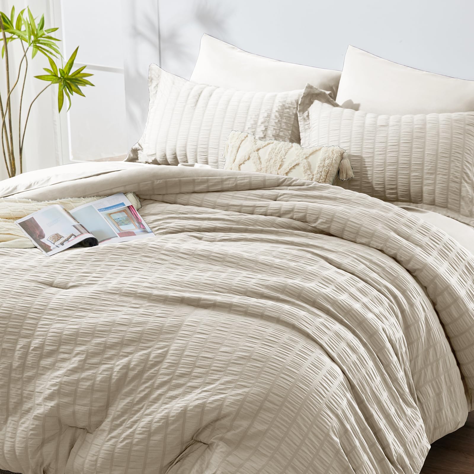 Cozylux Queen Seersucker Comforter Set With Sheets Oatmeal Bed In A Bag 7-Pieces All Season Bedding Sets With Comforter, Pillow Sham, Flat Sheet, Fitted Sheet, Pillowcase