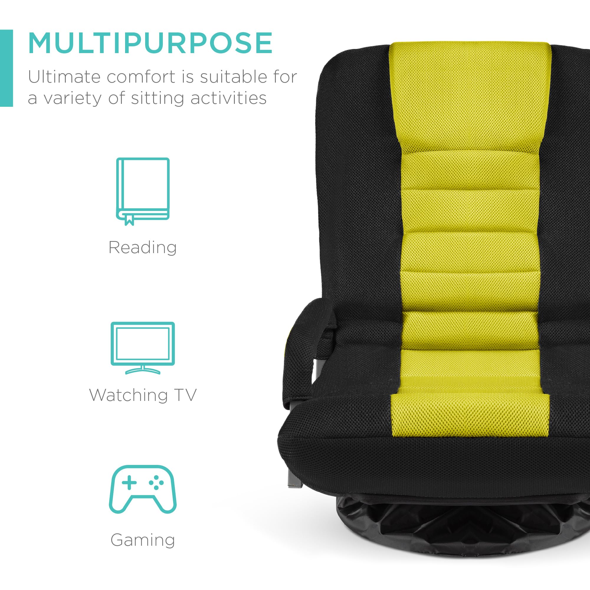 Best Choice Products Swivel Gaming Chair 360 Degree Multipurpose Floor Chair Rocker For Tv, Reading, Playing Video Games W/Lumbar Support, Armrest Handles, Adjustable Backrest - Black/Yellow