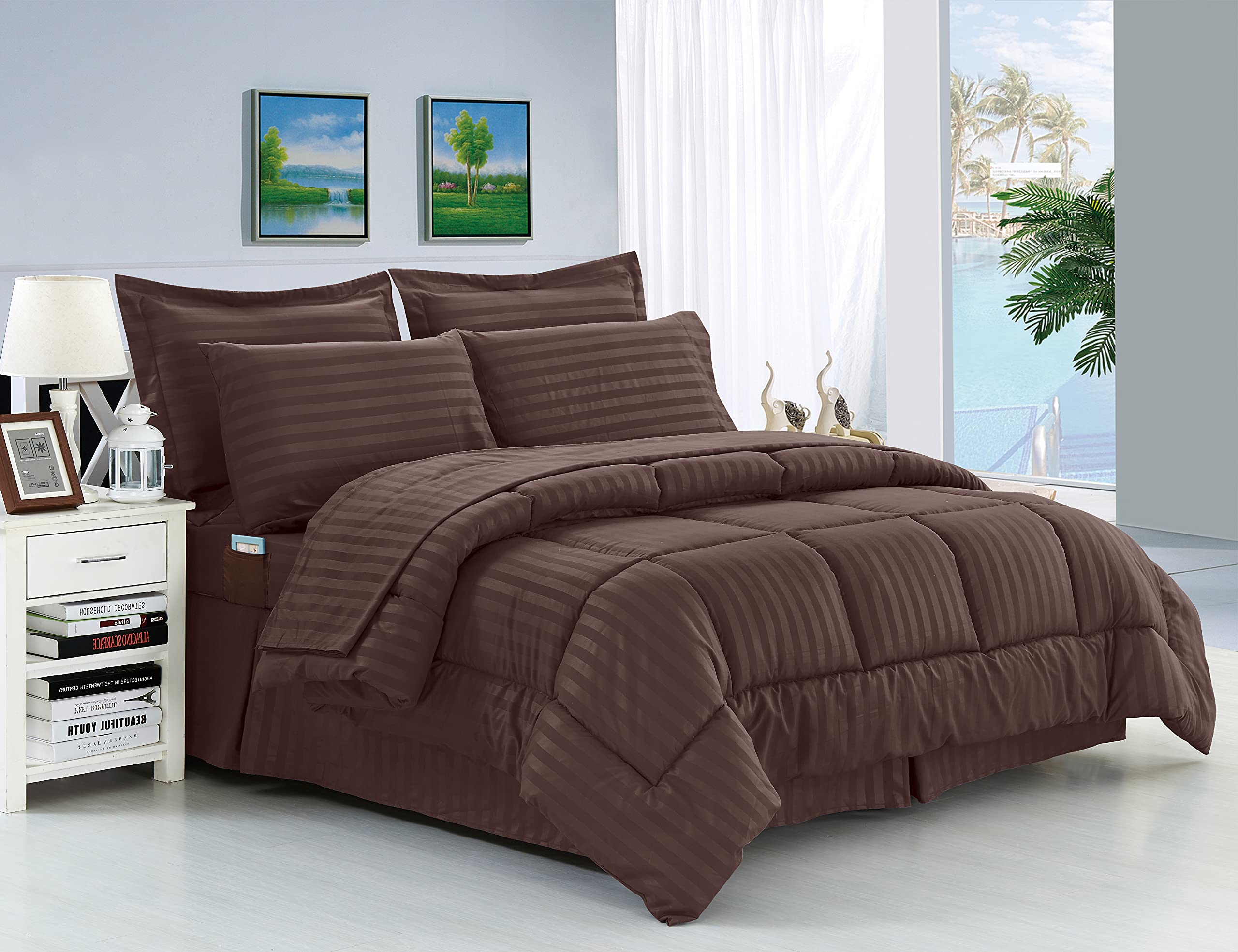 Elegant Comfort Wrinkle Resistant - Silky Soft Dobby Stripe Bed-In-A-Bag 8-Piece Comforter Set - Full/Queen, Chocolate