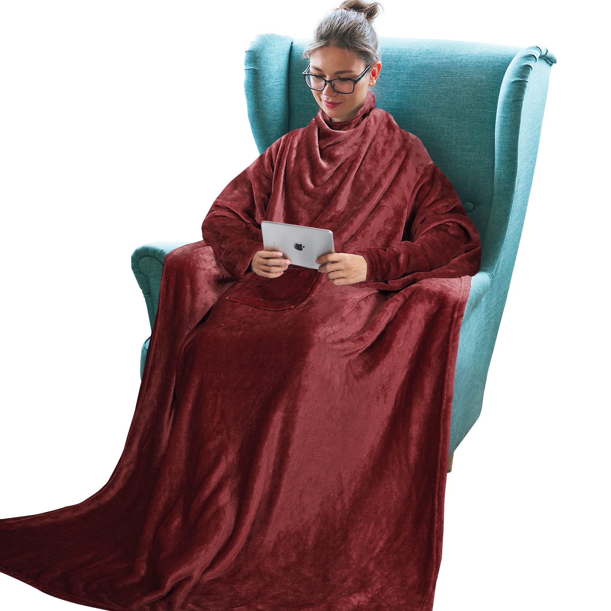 Tirrinia Fleece Wearable Blanket With Sleeves, Full Body Throw Reading Wrap Tv Blankets, Bed Sofa And Couch, Snuggle Gift For Ad