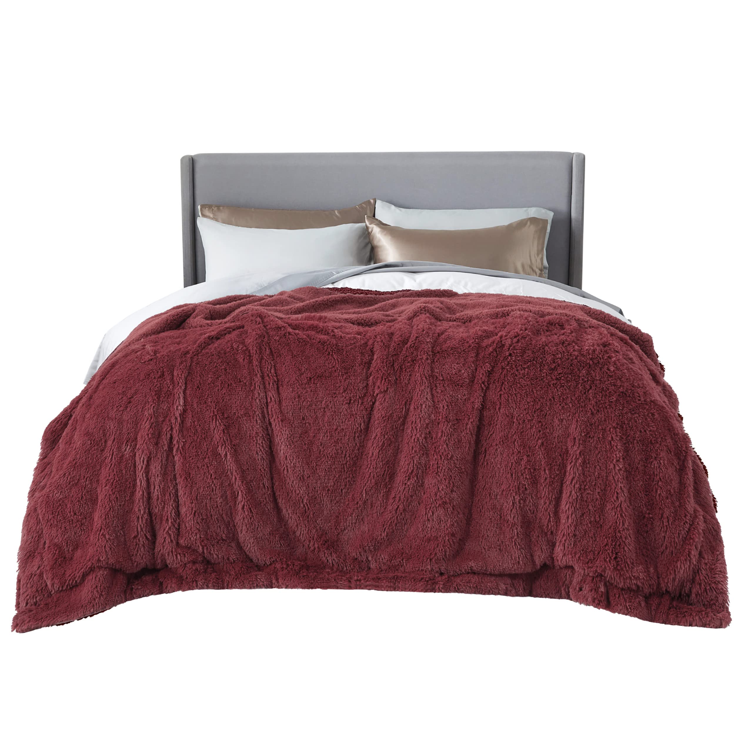Bedsure Faux Fur King Size Blanket Burgundy - Fuzzy, Fluffy, And Shaggy Faux Fur, Soft And Thick Sherpa, Cozy Warm Decorative Gi