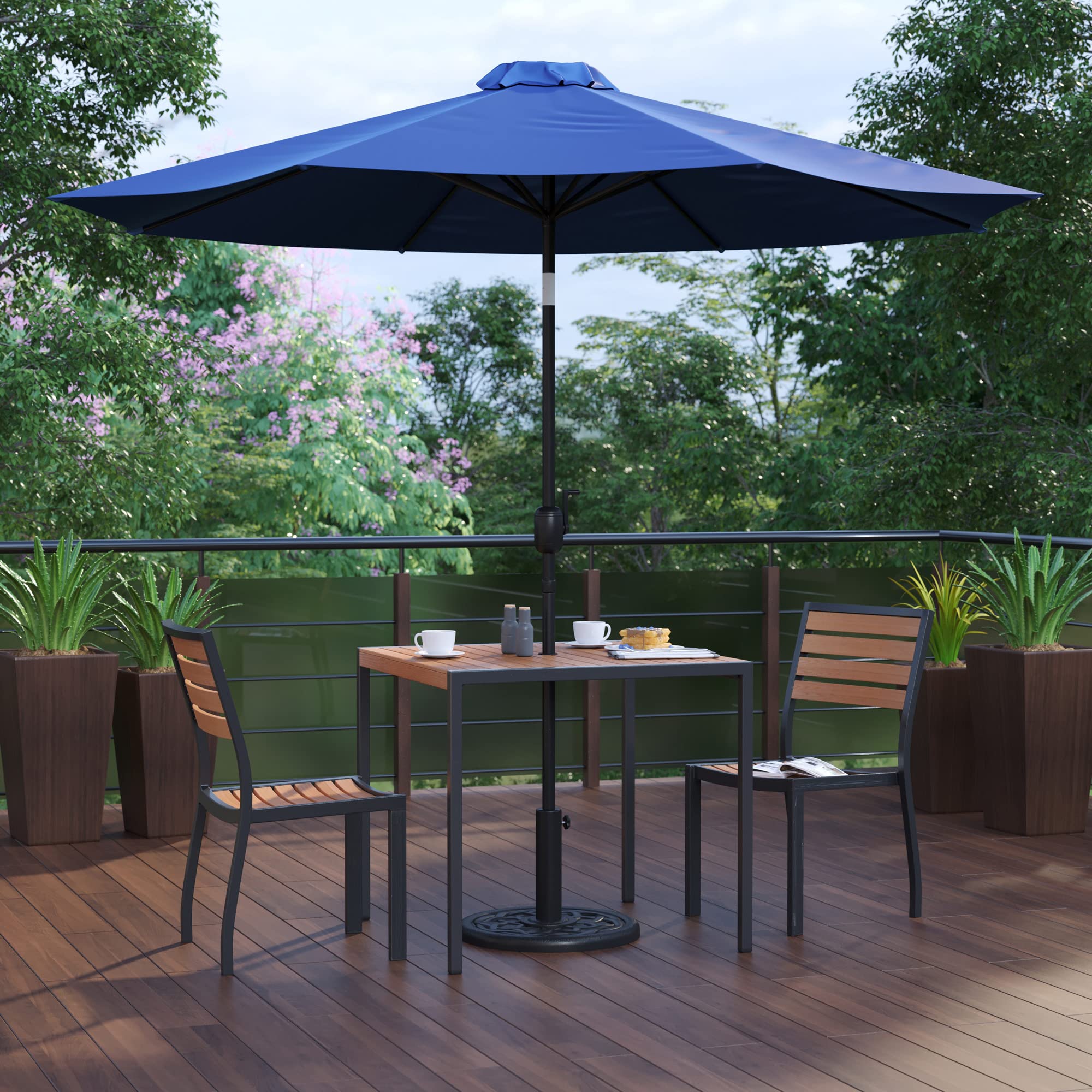 Flash Furniture Lark 5 Piece Patio Table Set - 2 Synthetic Stackable Faux Teak Chairs - 35&quot; Square Faux Teak Table - Navy Umbrella with Base