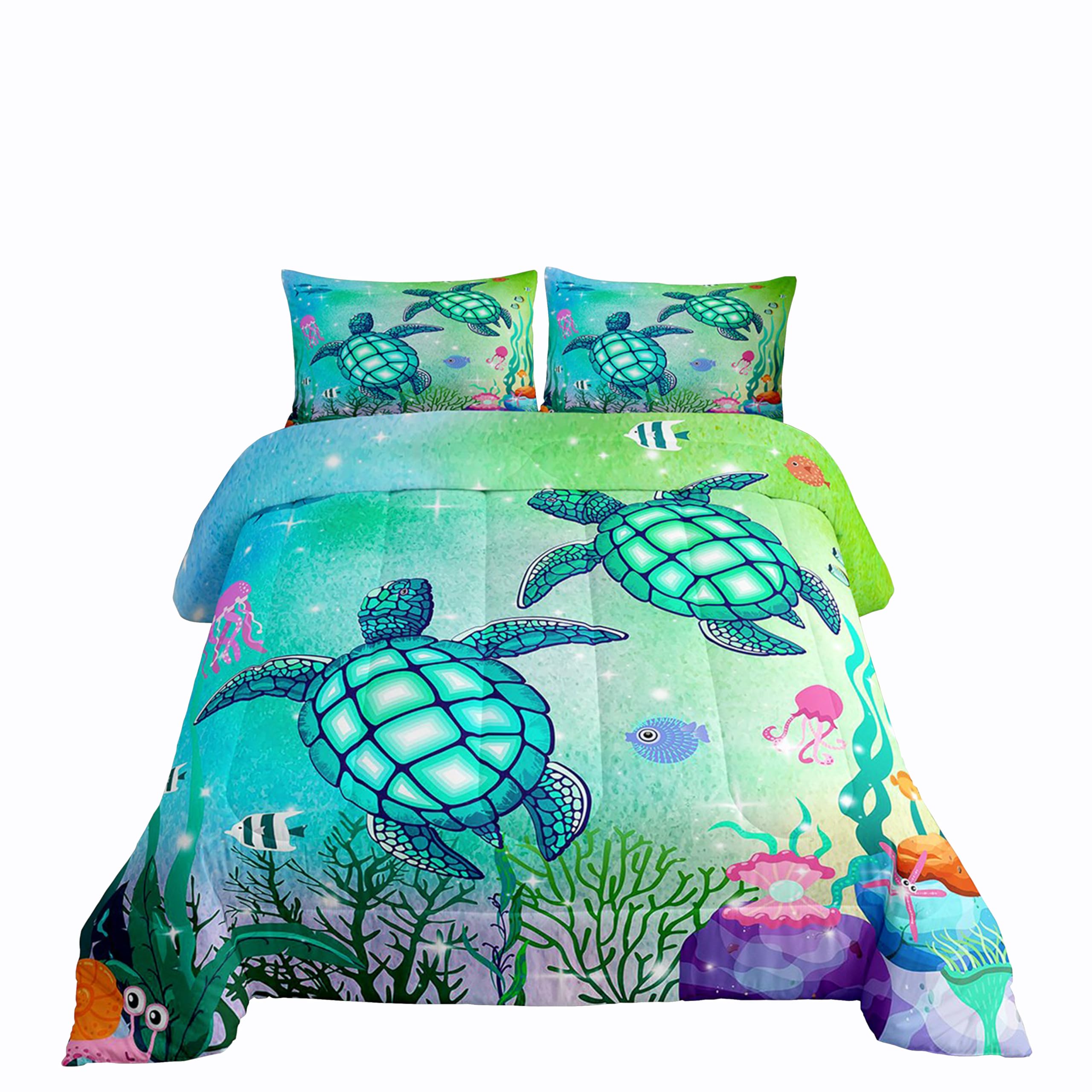 Sea Turtle Bedding Set Green Blue Ocean Down Comforter Full,Colorful Underwater World Comforter Set For Kids Child,Nautical Sea
