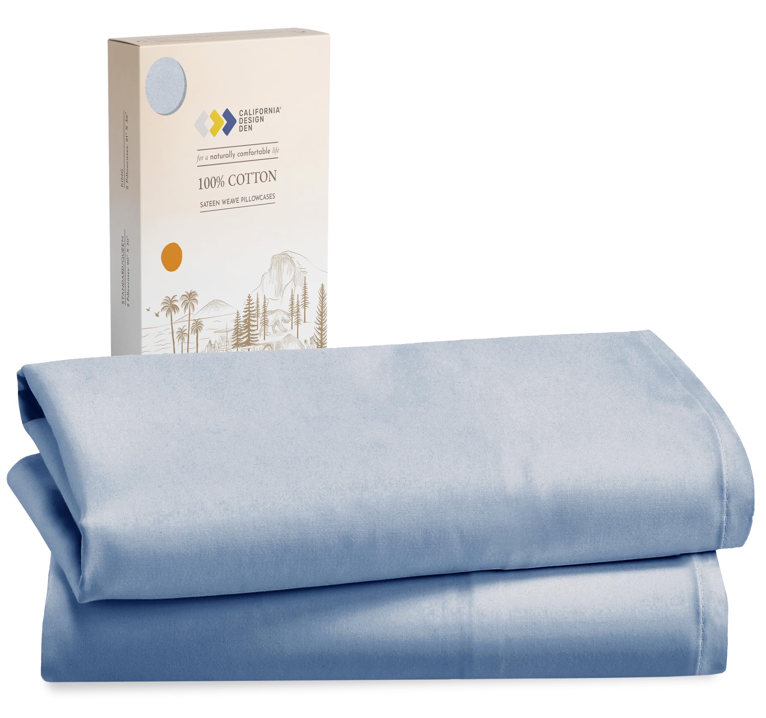 California Design Den 100% Cotton Pillowcases Standard Size Set Of 2, Soft & Cooling Sateen Weave Cotton Pillowcases (Standard/Queen, Blue)