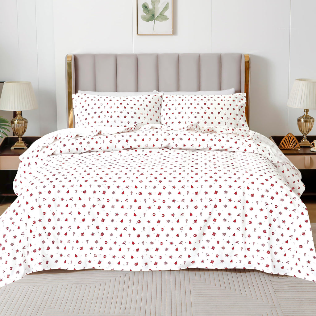 Elegant Comfort Ultra Soft 4-Piece 100% Turkish Cotton Flannel Sheet Set - Holiday Christmas Flannel Sheets, Warm And Cozy Premium Quality, Deep Pocket Fitted Sheet- Twin, Red Stars