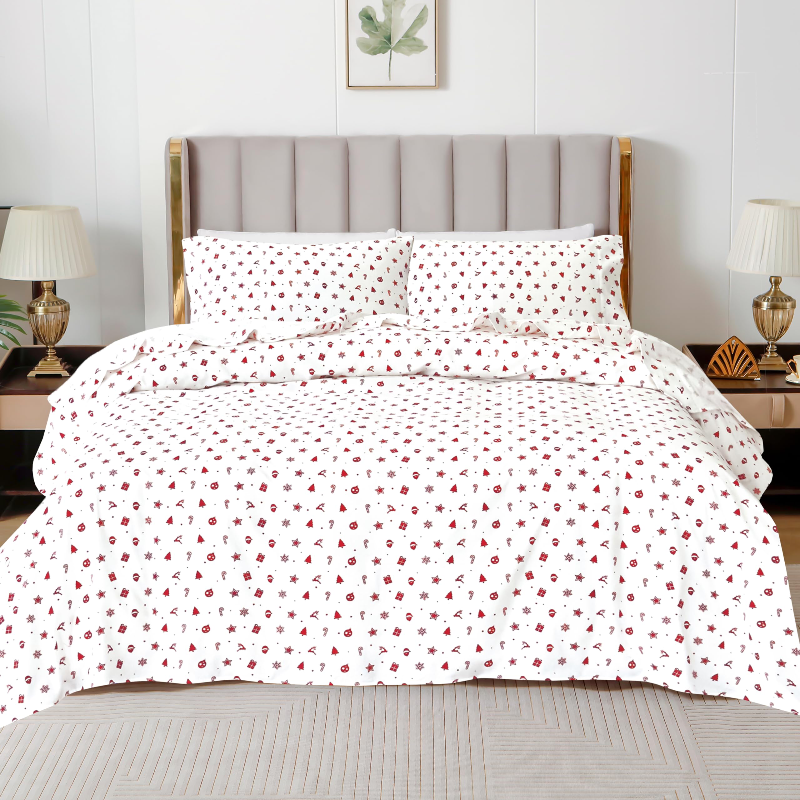 Elegant Comfort Ultra Soft 4-Piece 100% Turkish Cotton Flannel Sheet Set - Holiday Christmas Flannel Sheets, Warm And Cozy Premium Quality, Deep Pocket Fitted Sheet- Twin, Red Stars