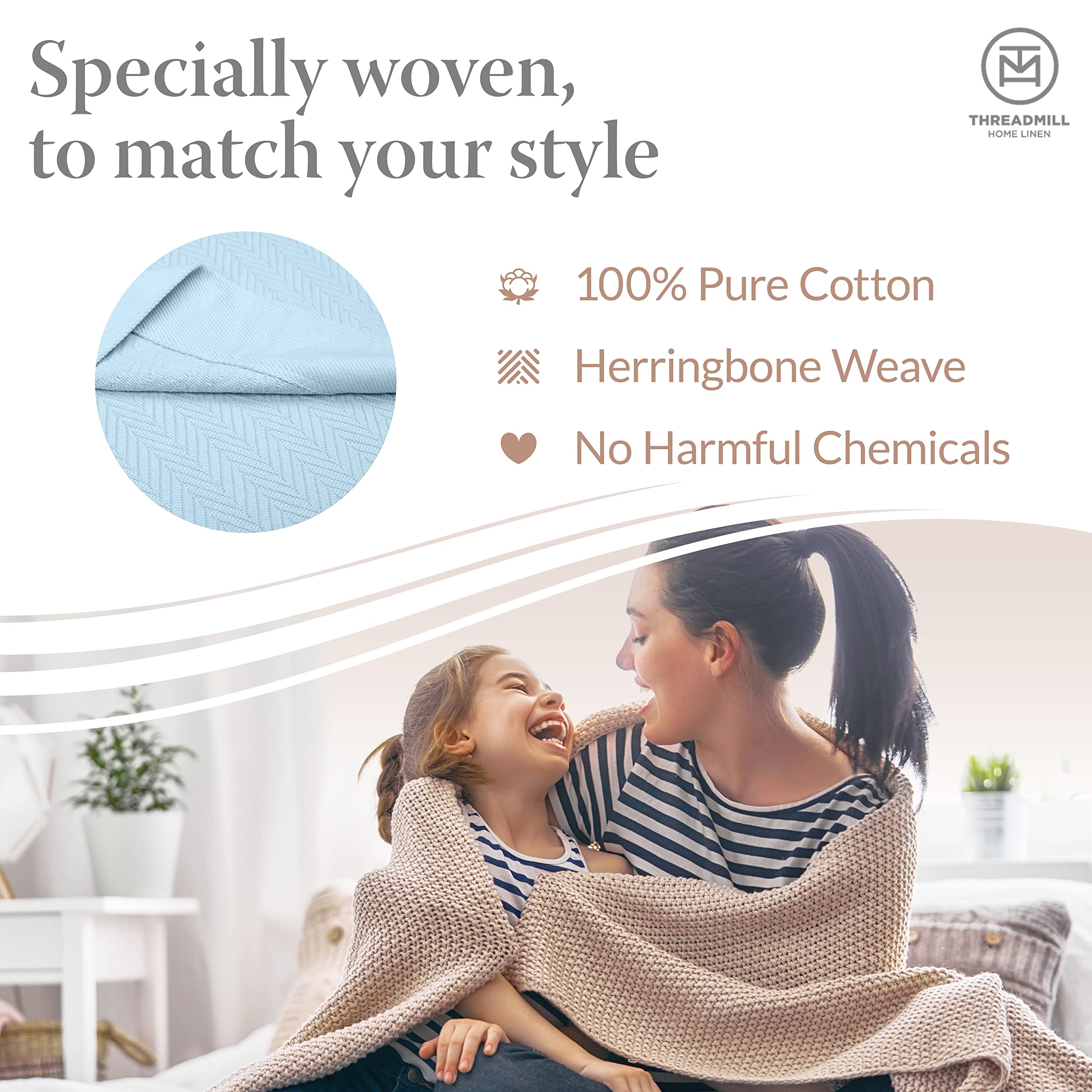 Threadmill Luxury Cotton Blankets For Queen Size Bed | All-Season 100% Cotton Queen Size Blanket | Herringbone Cozy Lightweight,