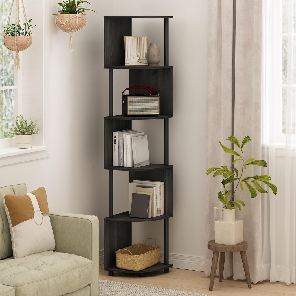 Furinno Econ 5-Tier Zigzag Corner Shelf Bookcase, Bookshelf, Espresso/Black