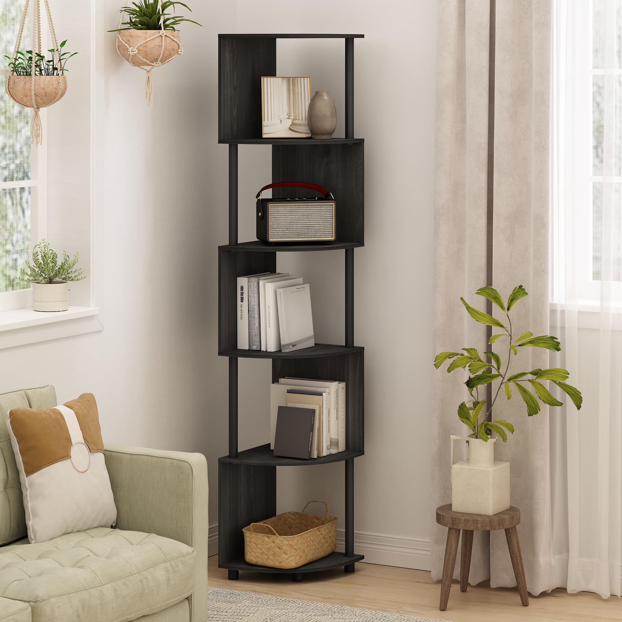 Furinno Econ 5-Tier Zigzag Corner Shelf Bookcase, Bookshelf, Espresso/Black