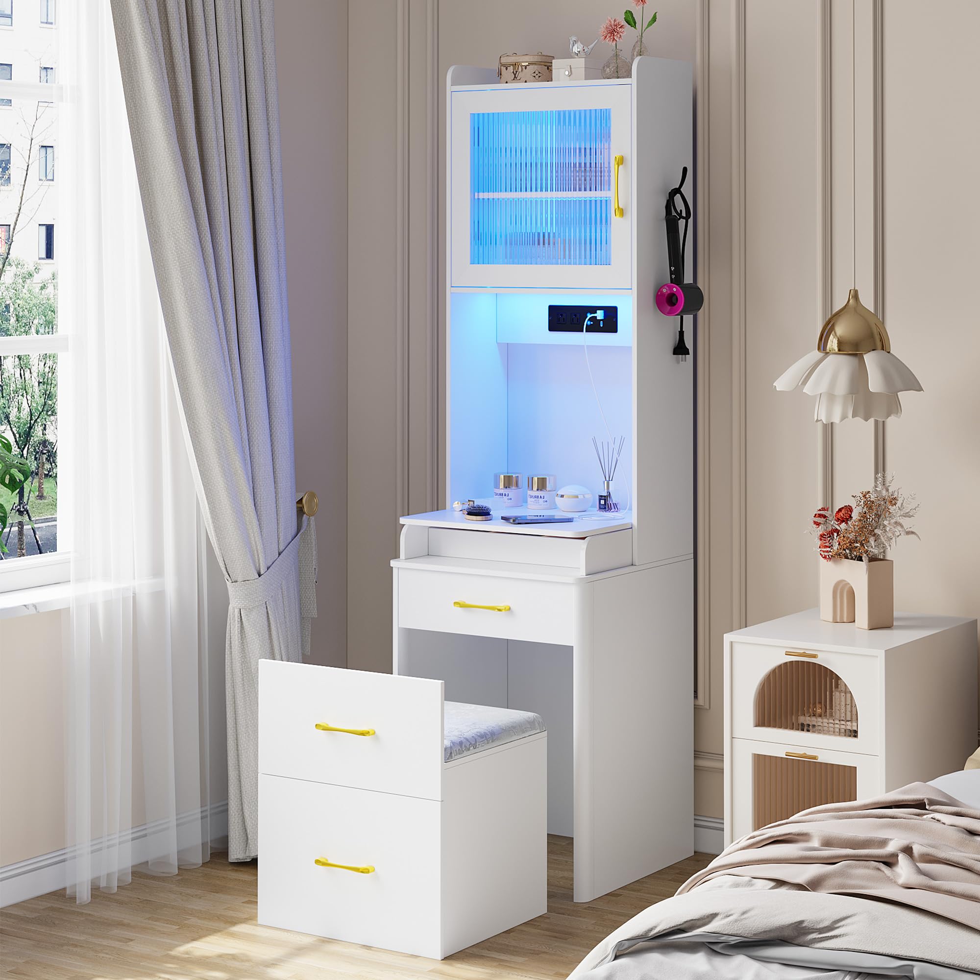 WOOVIVS Small Vanity Desk with Plip-up LED Mirror,Makeup Table with Charging Station, Vanitys Dresser Set with Drawers/Stool/Jew