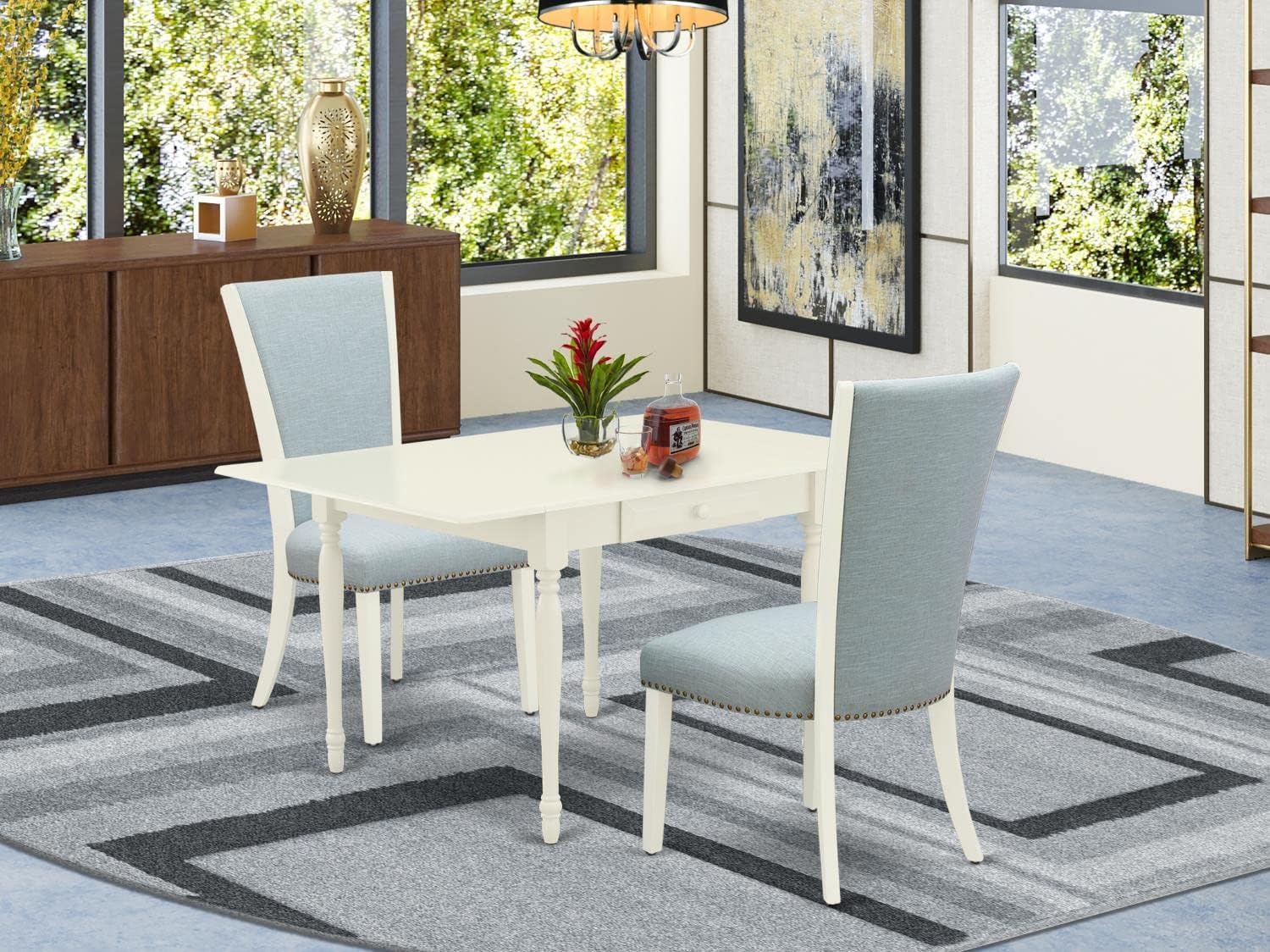 East West Furniture Mzve3-Lwh-15 3 Piece Dining Room Table Set Contains A Rectangle Kitchen Table With Dropleaf And 2 Baby Blue Linen Fabric Parson Dining Chairs, 36X54 Inch, Linen White