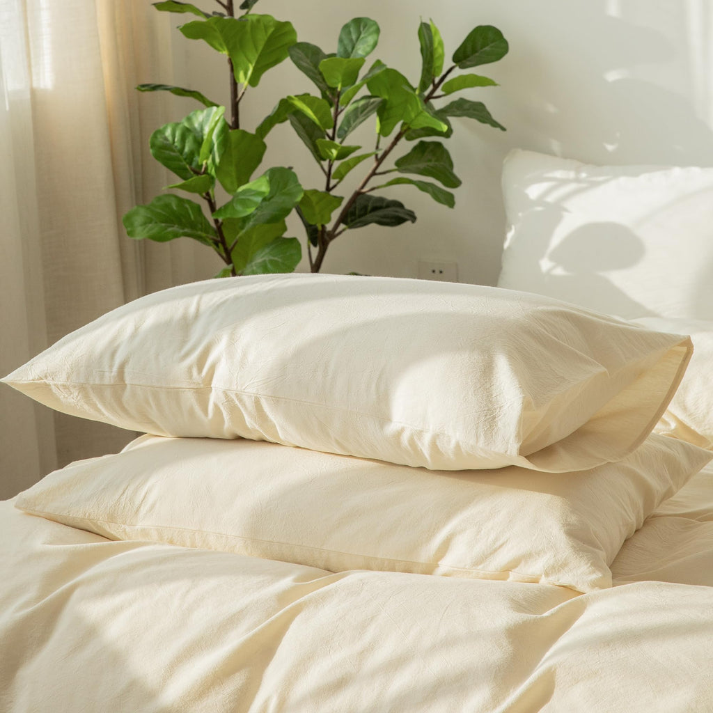 Moomee Bedding Pillowcases Pack Of 2 100% Washed Cotton Linen Like Textured Breathable Durable Soft Comfy (Cream White, King)