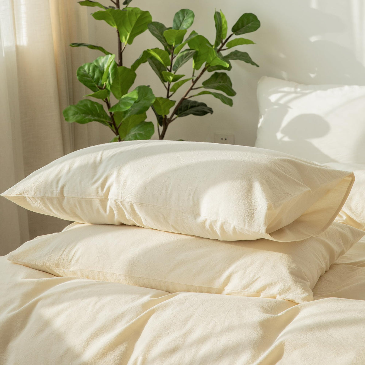Moomee Bedding Pillowcases Pack Of 2 100% Washed Cotton Linen Like Textured Breathable Durable Soft Comfy (Cream White, Standard