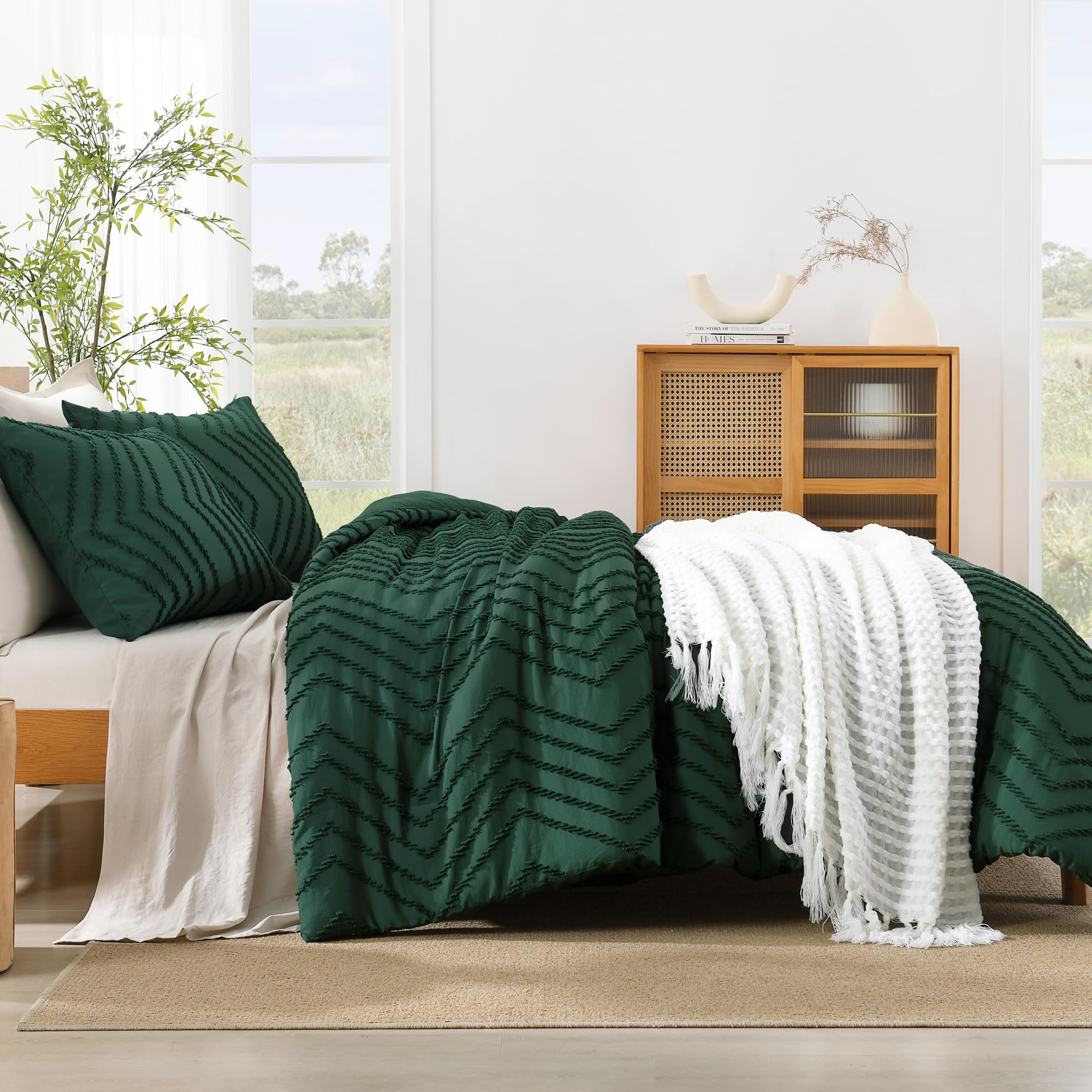 Litanika Comforter King Size Set Dark Emerald Green, 3 Pieces Lightweight Tufted Solid Forest Green Bedding Sets, Down Alternati
