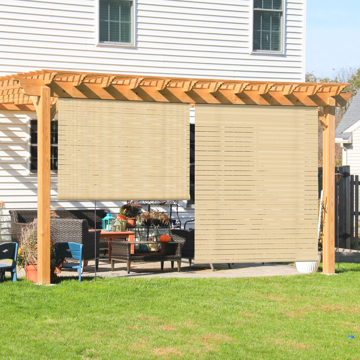 Coarbor Outdoor Roll Up Shades Blinds For Pergola Porch Balcony Deck Roller Shade Screen 5 'W X 11.5 'L Hollow Out Beige