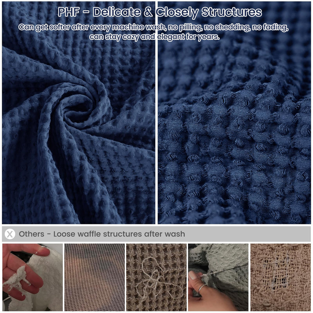 Phf 100% Cotton Waffle Weave Blanket Twin Size 66'X90' - Lightweight Washed Soft Breathable Blanket -Great Blanket Layer For Couch Bed Sofa - Elegant Aesthetic Roome Decoration - Navy Blue/Bright Blue