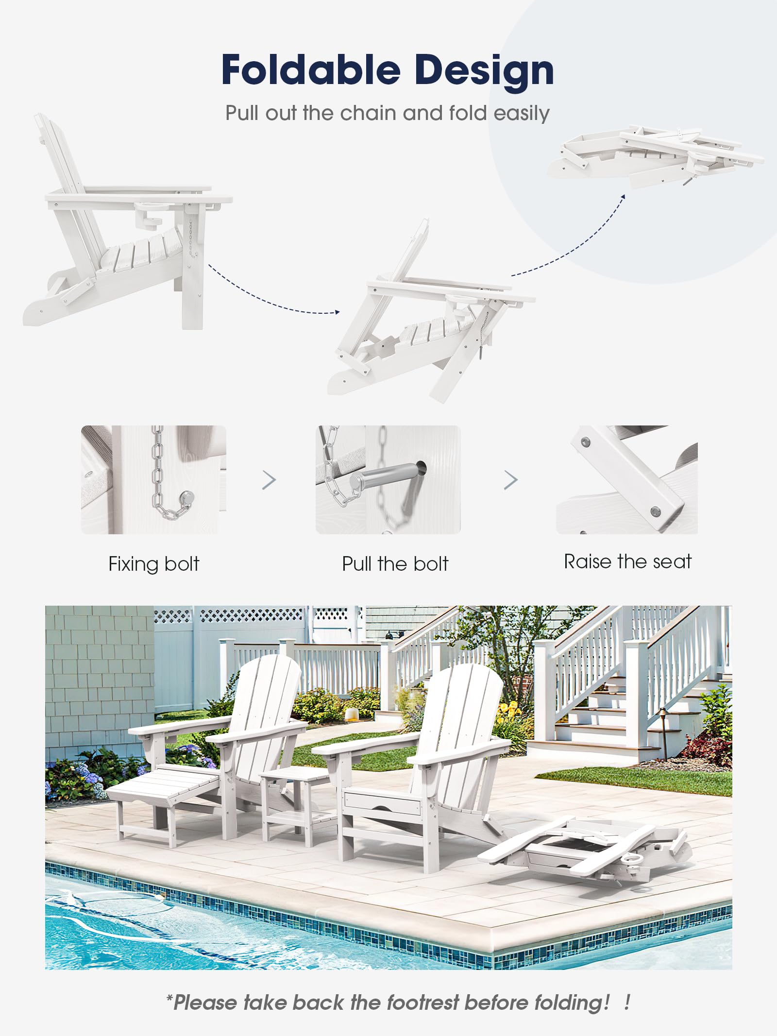 Kingyes Folding Adjustable Adirondack Chair With Retractable Ottoman, White