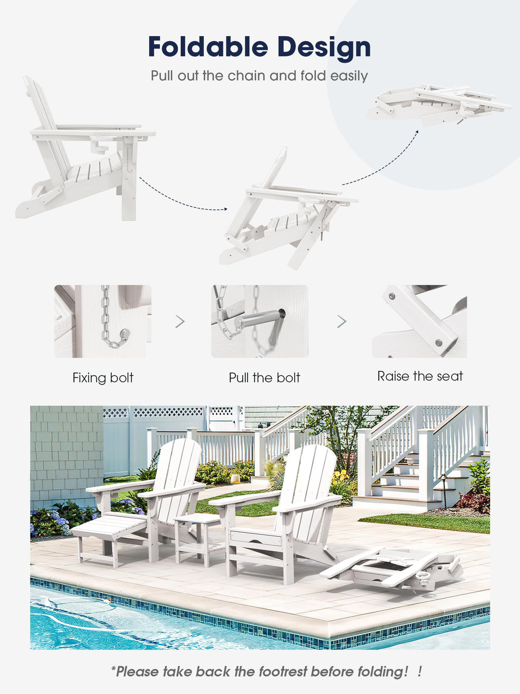 Kingyes Folding Adjustable Adirondack Chair With Retractable Ottoman, White