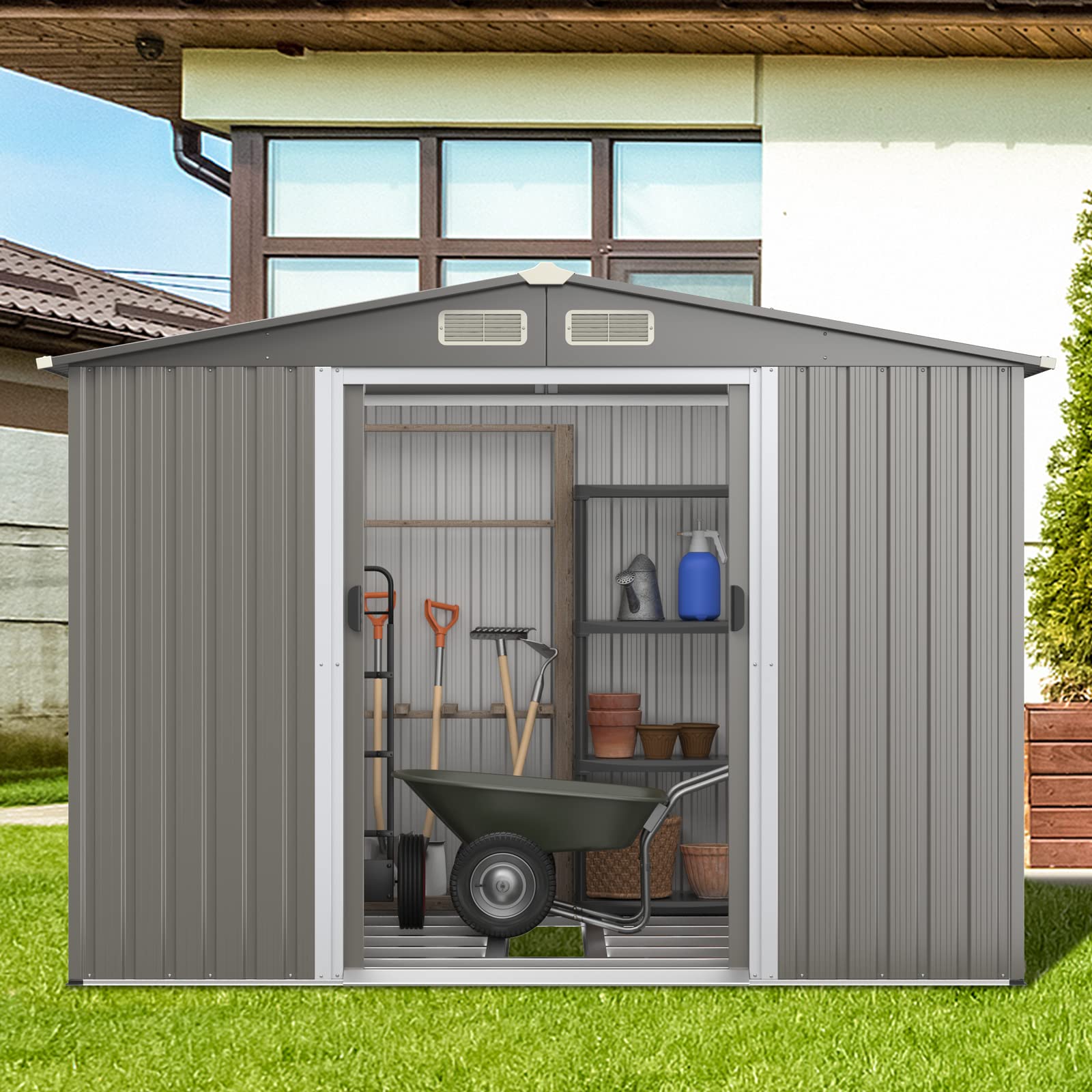 Ironmax Outdoor Storage Shed With Floor, 8X6 Ft Galvanized Steel Large Garden Shed W/Lockable Sliding Doors & Air Vent, Heavy Du