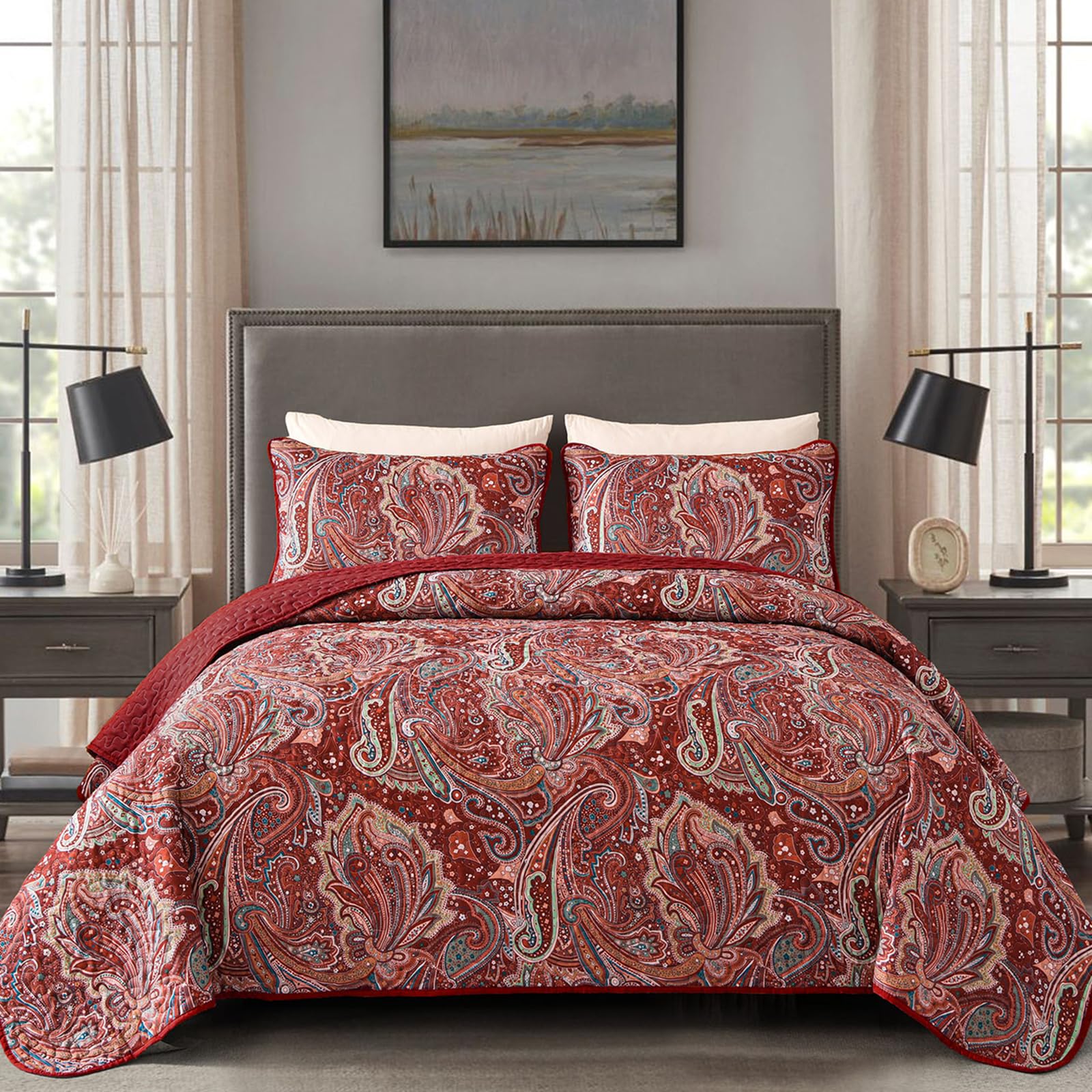 Djy Red Paisley Quilt Set Twin Size Boho Quilt Bedspread Set 2 Pieces, Soft Lightweight Microfiber Coverlet Set Paisley Floral P