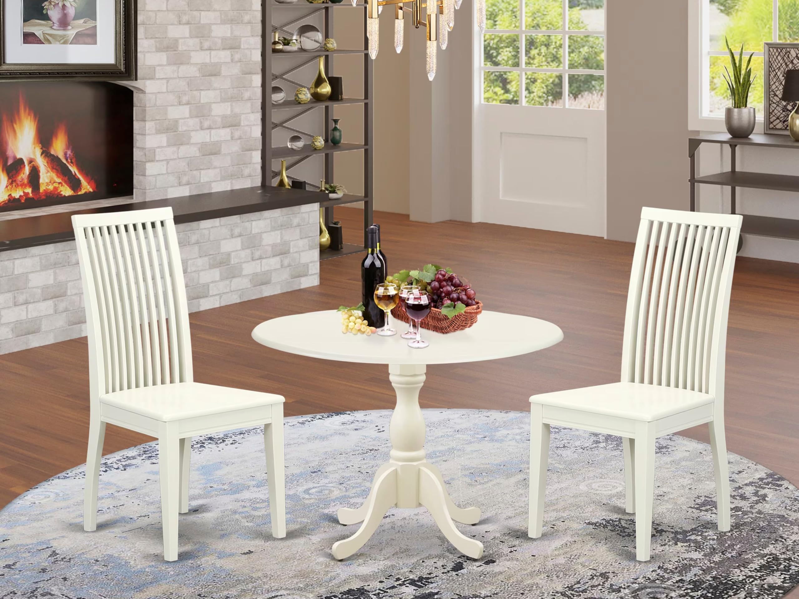 East West Furniture DMIP3-LWH-W 3 Piece Kitchen Table & Chairs Set Contains a Round Dining Table with Dropleaf and 2 Dining Room Chairs, 42x42 Inch, Linen White