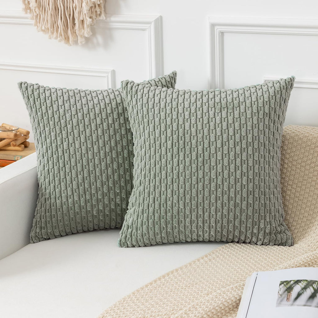 Kevin Textile Throw Pillow Covers Soft Corduroy Decorative Set Of 2 Boho Striped Pillow Covers Pillowcases Farmhouse Home Decor For Couch Bed Sofa Living Room 18X18 Inch Greyish Green