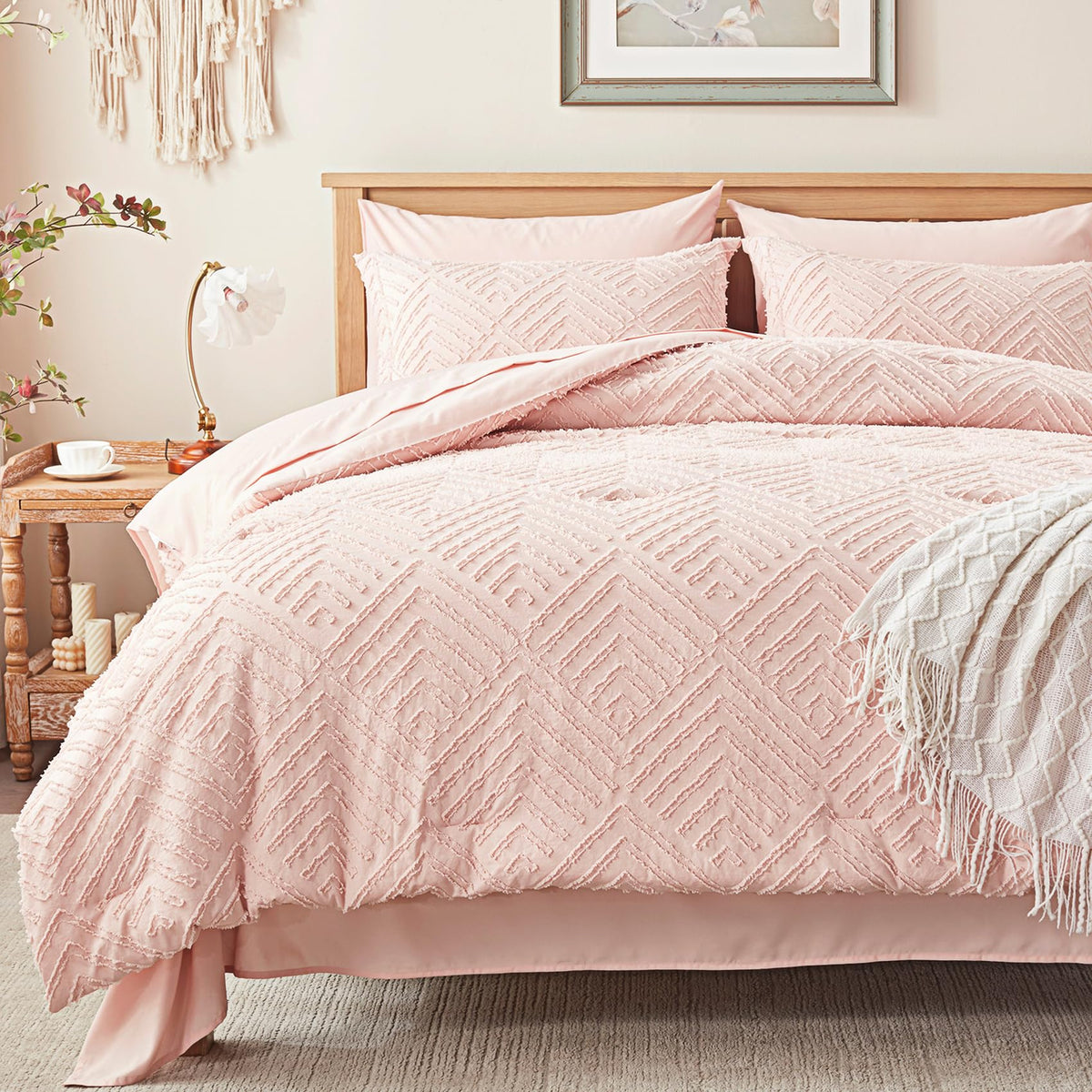 Zzlpp Queen Comforter Set 7 Pieces, Pink Tufted Bed In A Bag With Comforter And Sheets, All Season Boho Bedding Sets With 1 Comf