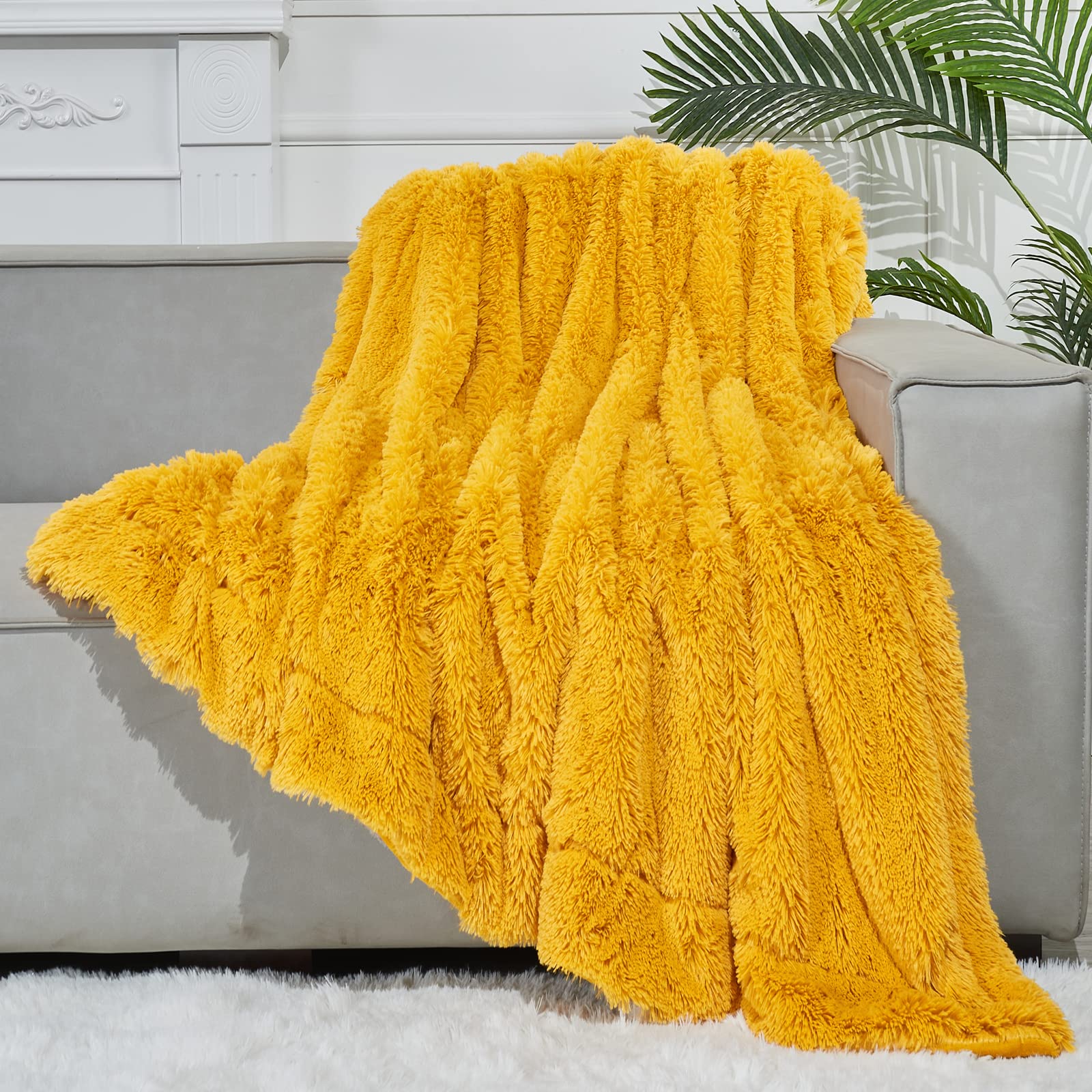 Gonaap Fuzzy Faux Fur Throw Blanket Twin Size Mustard Yellow Super Soft Cozy Plush Fuzzy Shaggy Blanket For Couch Sofa Bed (Must