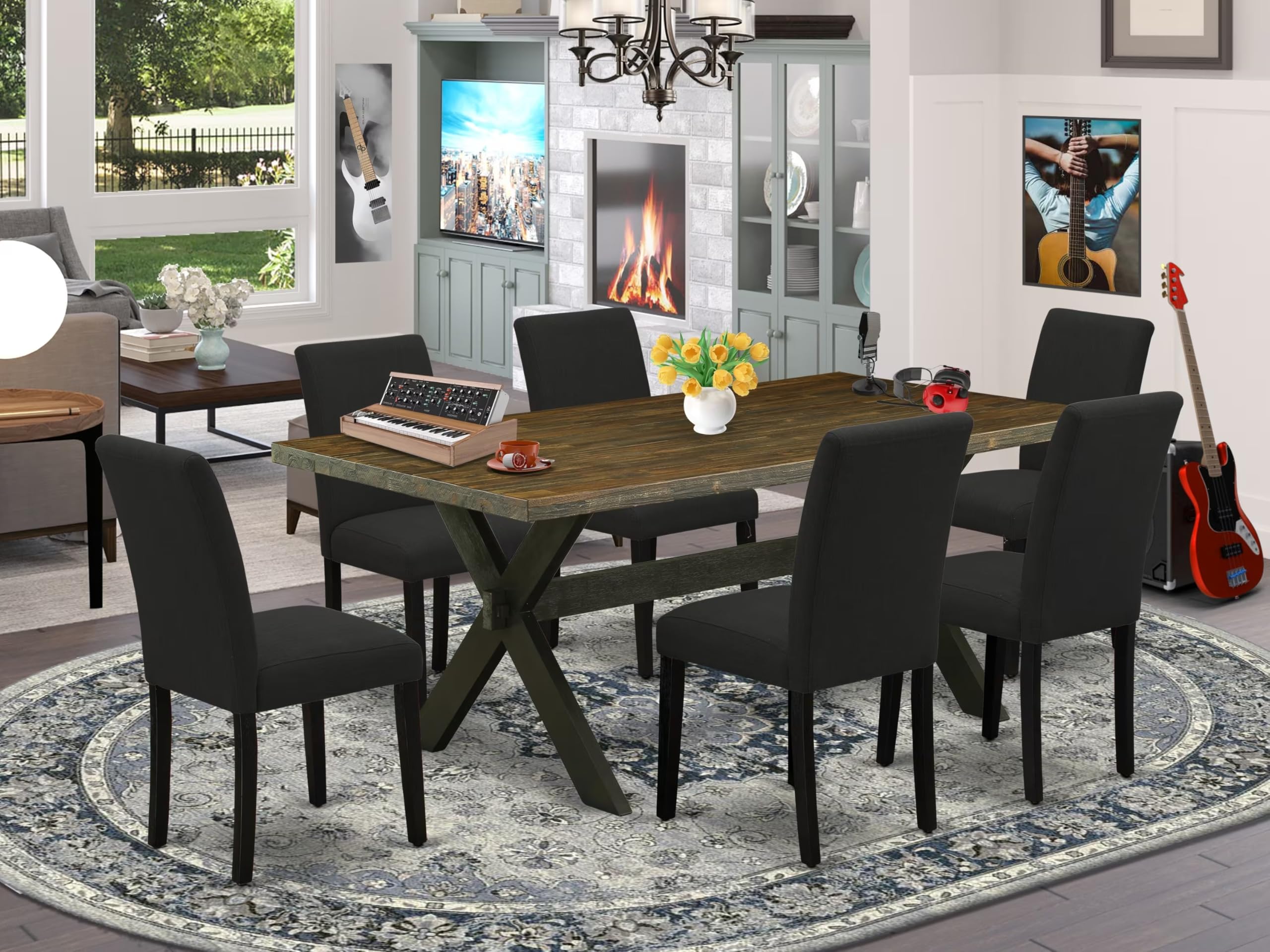 East West Furniture X677Ab624-7 7 Piece Dining Set Consist Of A Rectangle Dining Room Table With X-Legs And 6 Black Color Linen Fabric Upholstered Chairs, 40X72 Inch, Multi-Color