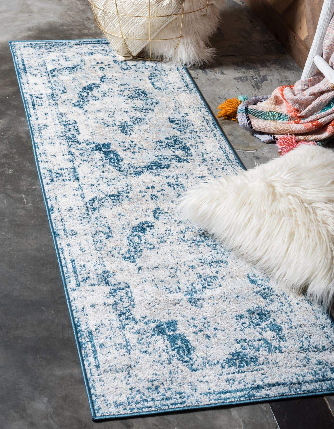Unique Loom Sofia Collection Area Rug - Salle Garnier (3 3 x 19 8 Runner, Blue/ Ivory)