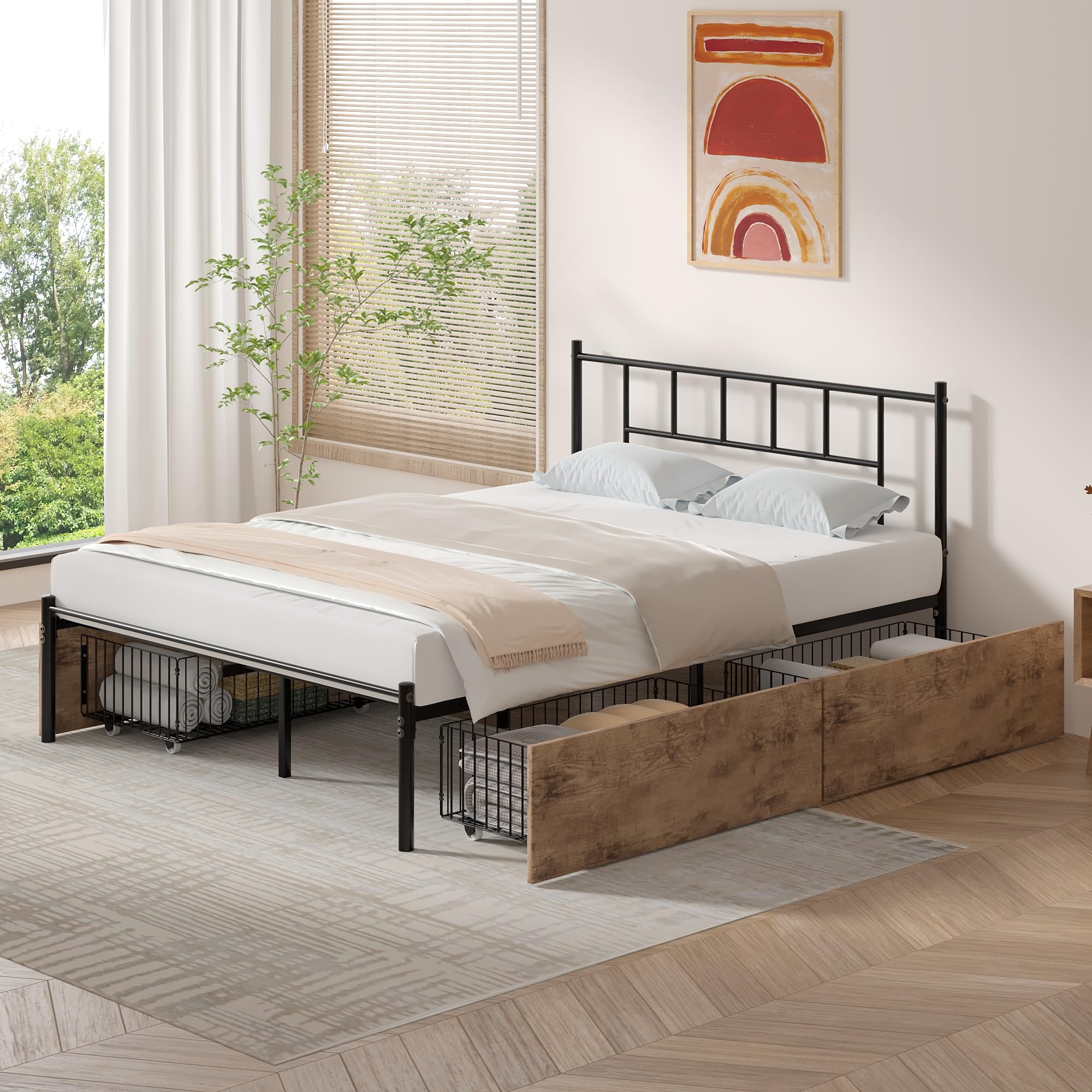 Vecelo Full Size Metal Platform Bed Frame With Headboard & 4 Storage Drawers, Heavy Duty Steel Slat Support, No Box Spring Needed, Easy Assembly