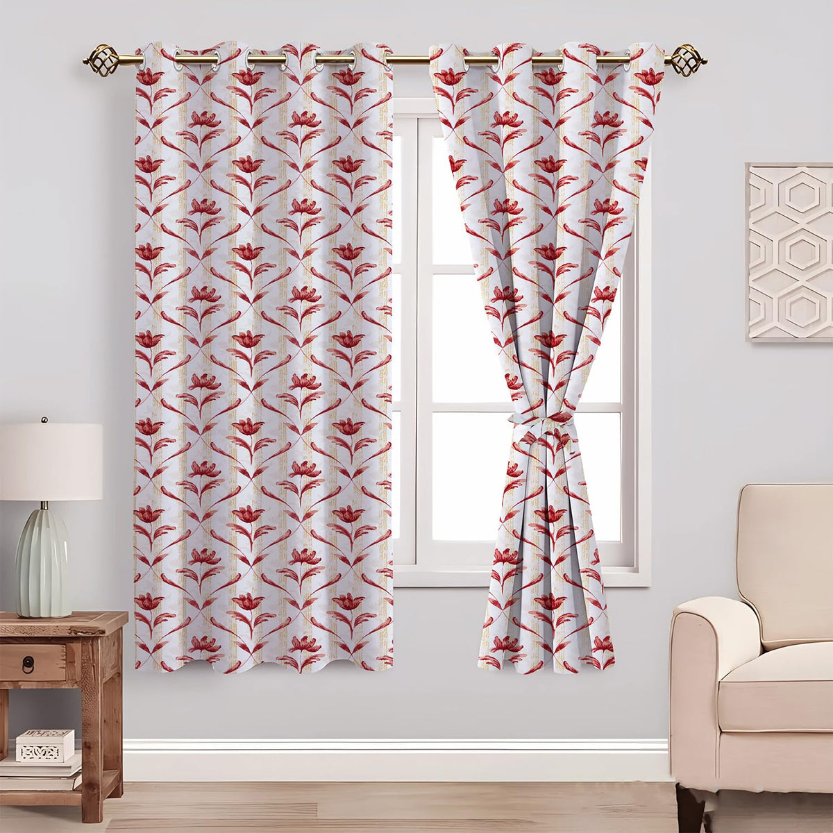 Amazon Basics  Leaf Print Light Filtering Curtains | 100% Cotton 150 TC | Set of 2 | 5 Feet | 115 x 150 cm | Maroon | Eyelets &