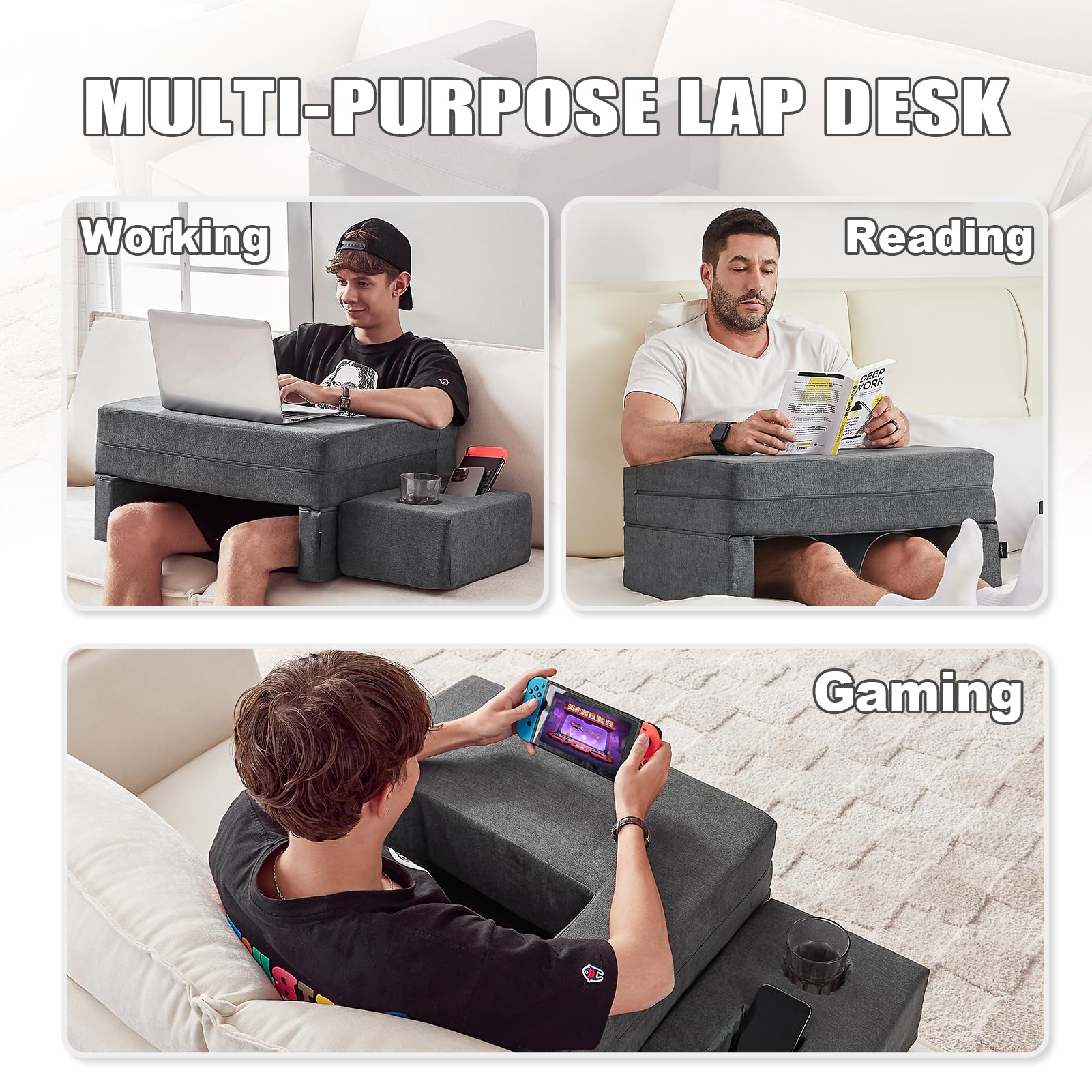 Comehealthy Lap Desk Pillow For Laptop, Large Reading Pillow For Adult, Arm Rest Pillow With Cup Holder, Memory Foam Bed Desk Fo