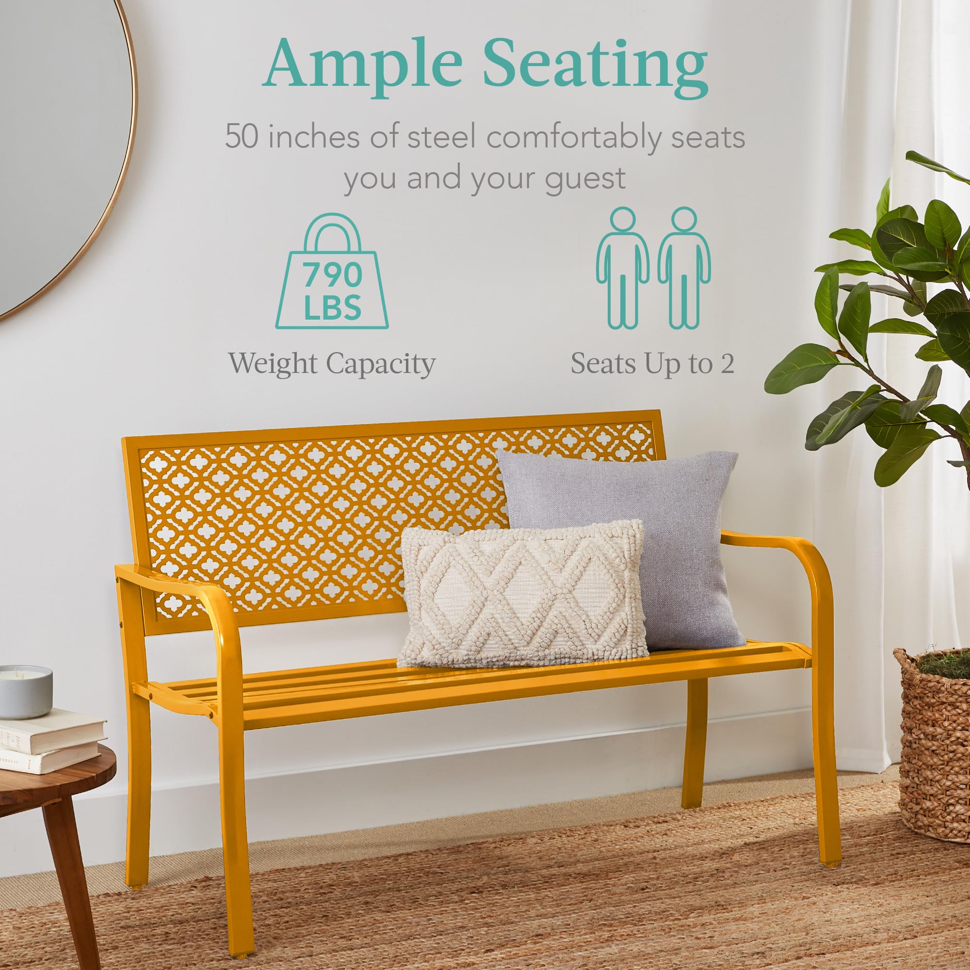 Best Choice Products Outdoor Bench 2-Person Metal Steel Benches Furniture For Garden, Patio, Porch, Entryway W/Geometric Backrest, 790Lb Capacity - Marigold