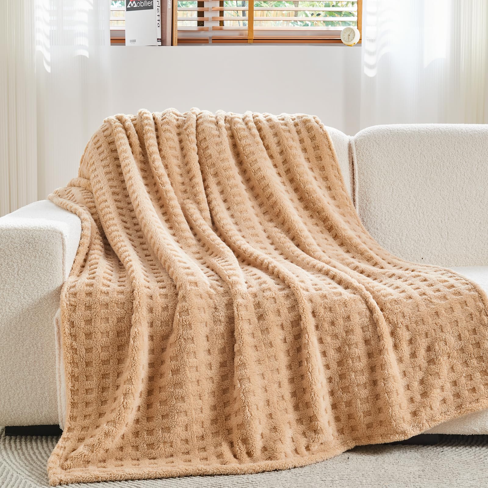 Newcosplay Super Soft Throw Blanket Brown Premium Silky Flannel Fleece 3D Waffle Checkered Lightweight Bed Blanket All Season Us