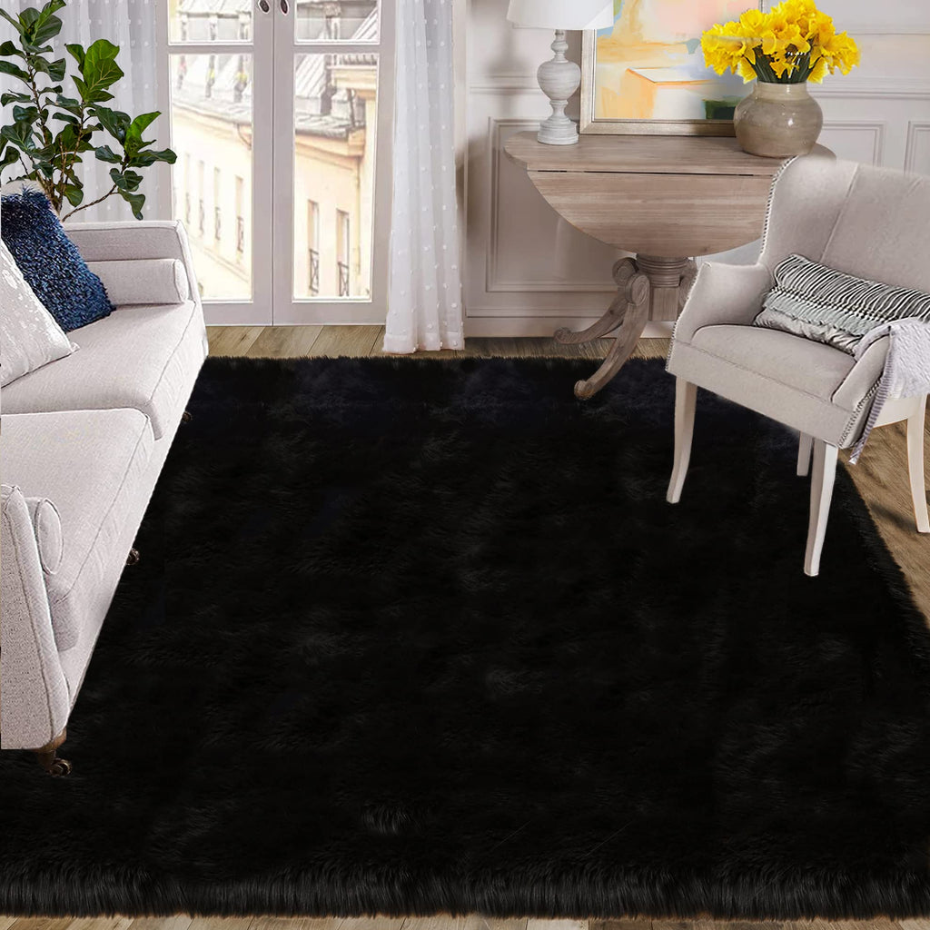 ORINOVA Black Rugs for Living Room 8x10 Area Rugs for Bedroom Shag Washable Faux Sheepskin Fuzzy Fur Rug Large Boho Nursery Rug