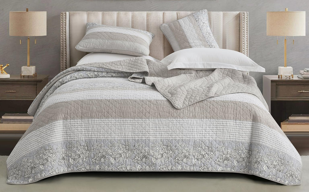 Chezmoi Collection Robyn 3-Piece Neutral Taupe Gray White Floral Hibiscus Flower Patchwork Striped Quilt Set - Pre-Washed Cotton