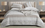 Chezmoi Collection Robyn 3-Piece Neutral Taupe Gray White Floral Hibiscus Flower Patchwork Striped Quilt Set - Pre-Washed Cotton