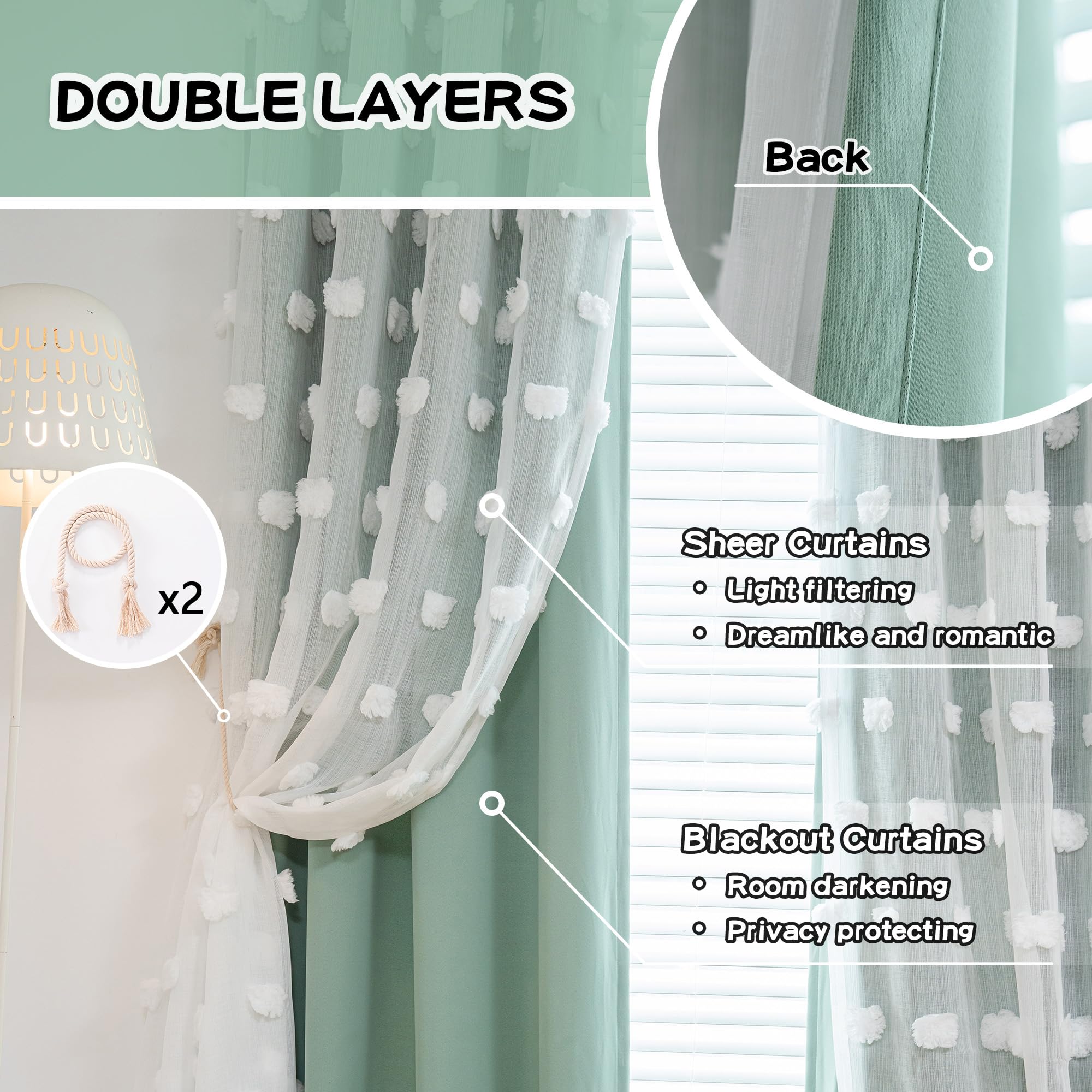 Mysky Home 90 Inches Long Aqua Curtains For Living Room Nursery Curtains For Bedroom Double Layer Curtains White Pom Pom Sheer Curtains For Dining Room Grommet Room Darkening Window Panels W52 X L90