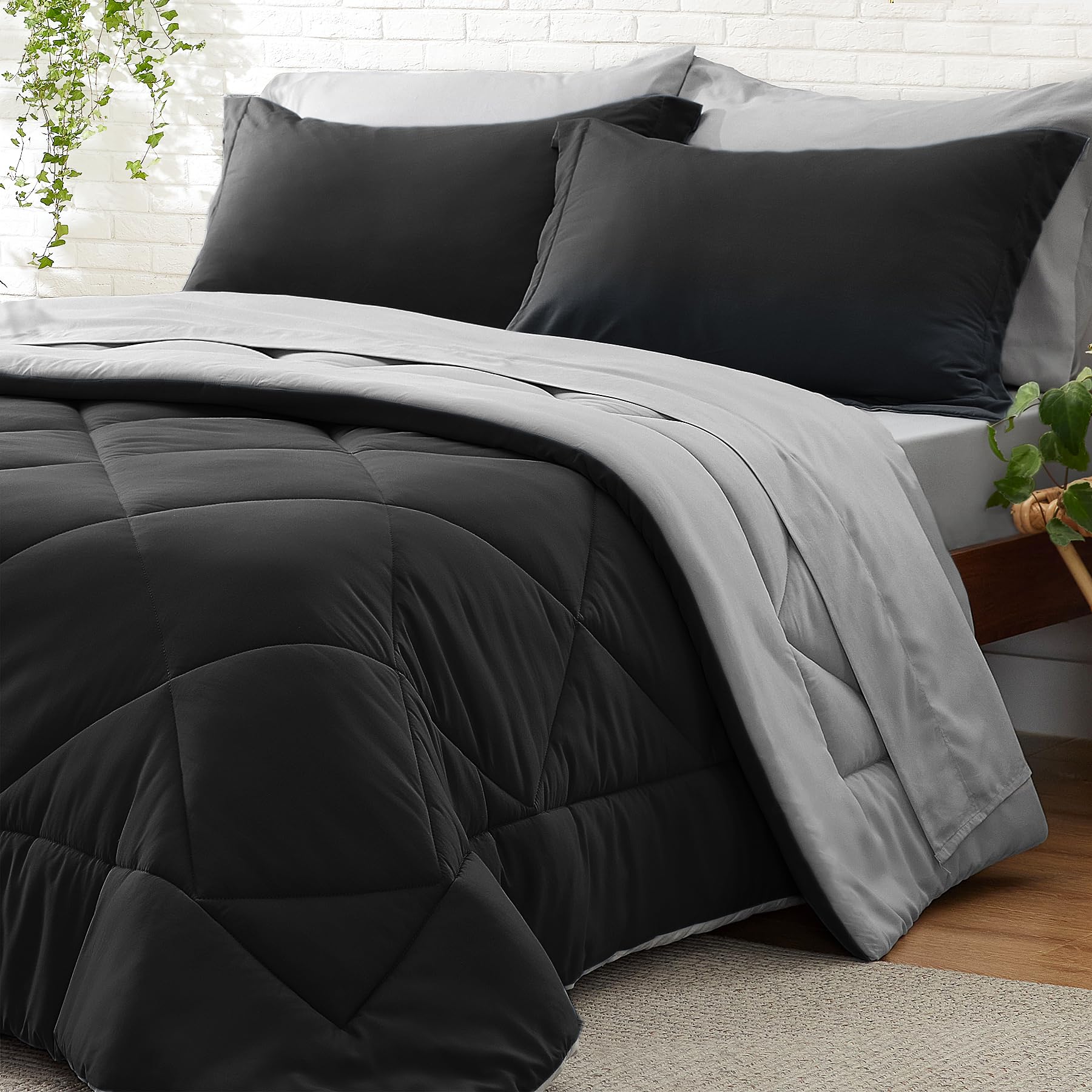 Bedelite Queen Comforter Set 7 Pieces Bed In A Bag - Soft Microfiber Reversible Black Bed Set With Comforters, Sheets, Pillowcas