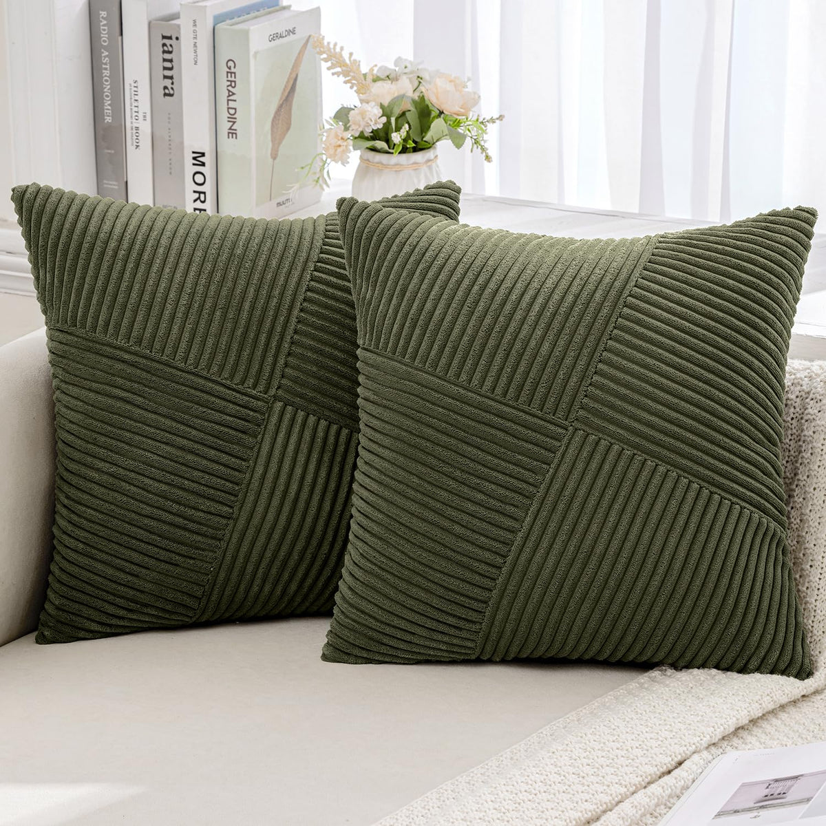 Miulee Corduroy Throw Pillow Covers Pack Of 2 Decorative Windmill Striped Spliced Soft Couch Pillowcases Boho Patchwork Cushion