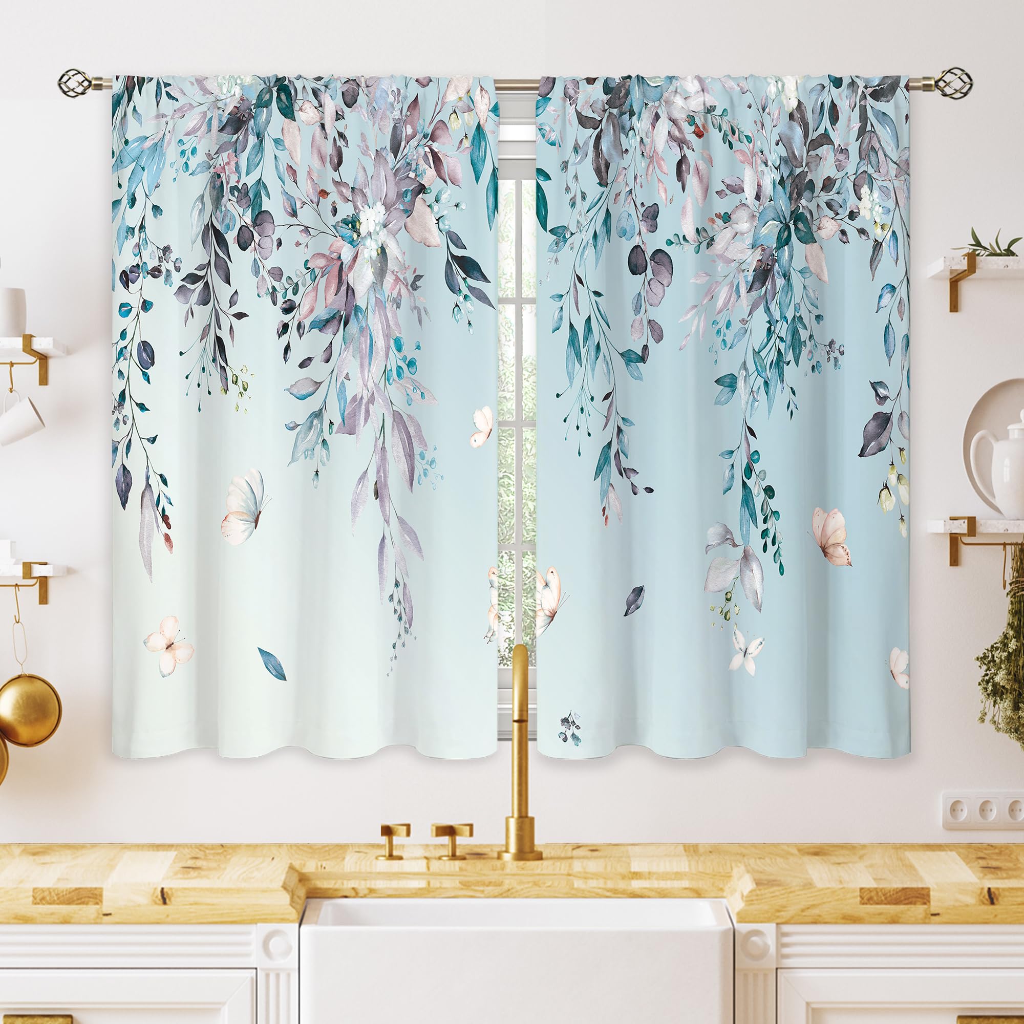 Oolygoo Eucalyptus Botanical Leaves Floral Kitchen Window Curtains Butterfly Farmhouse Flower Leaf Small Window Treatment Blue G